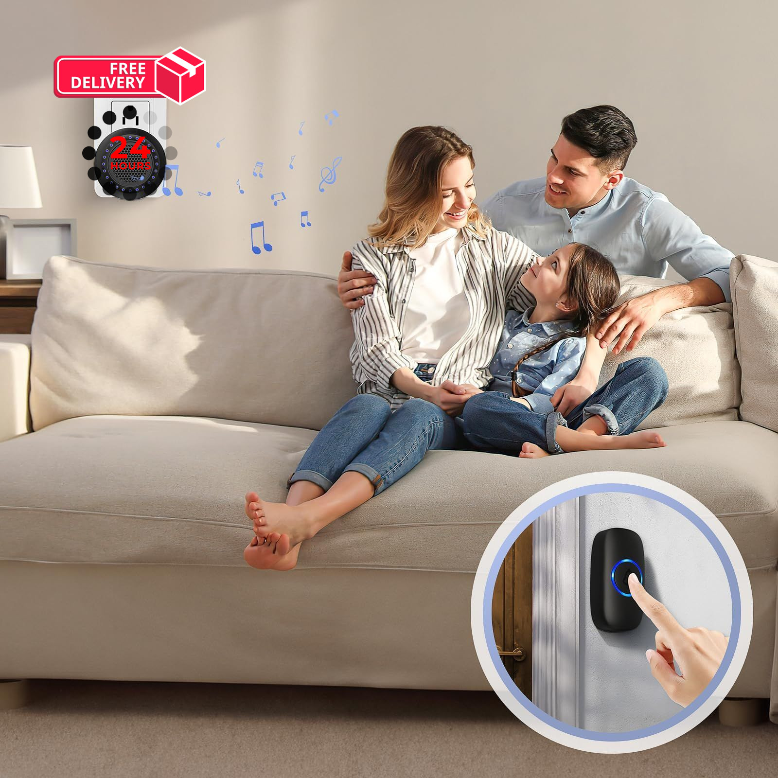 Wireless Doorbell with 2 Receivers, Waterproof 1 Button + 2 Black