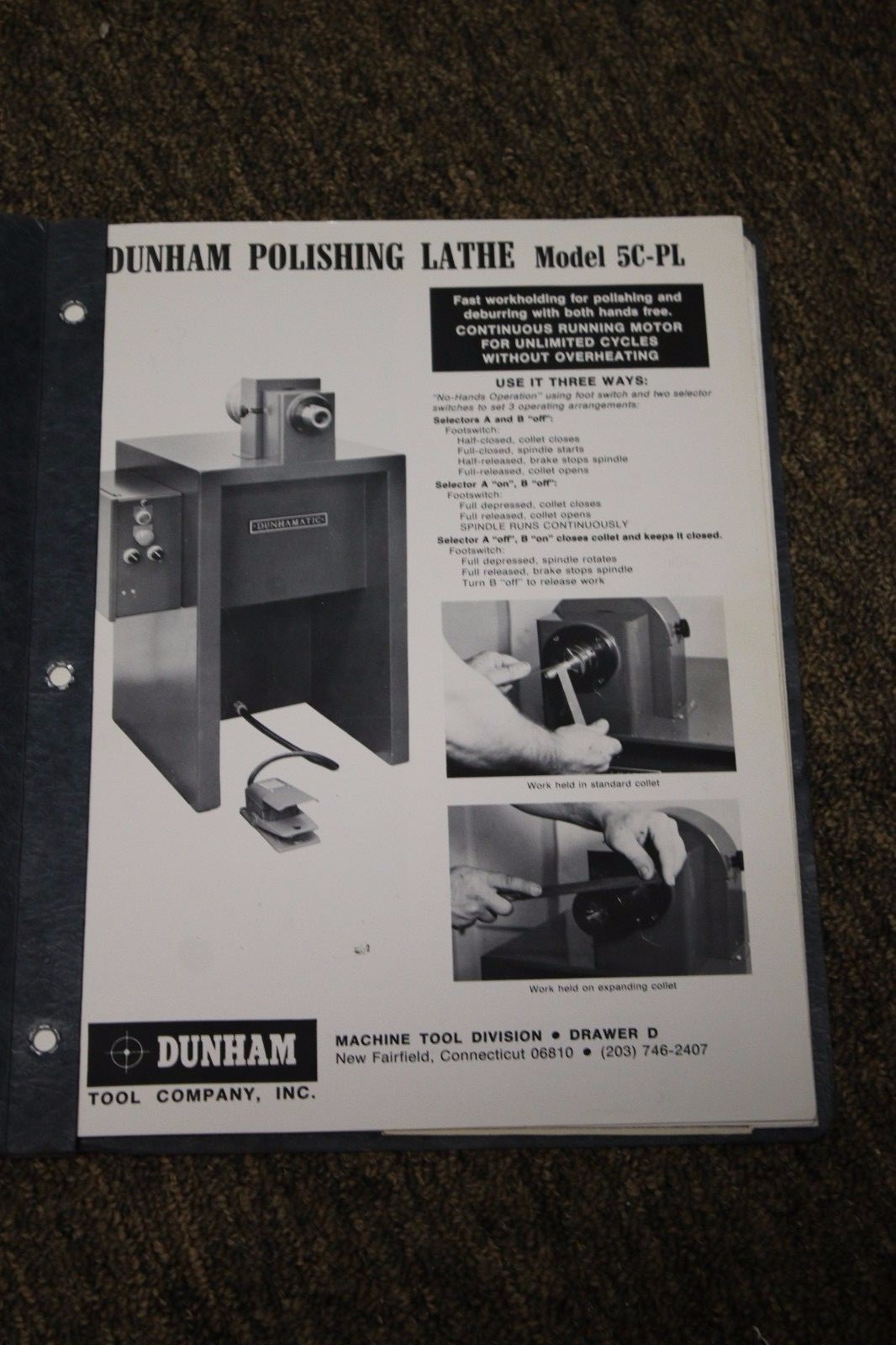 Dunham Polishing Lathe Install, Operation, Maintenance, Parts Manual Model 5C-PL