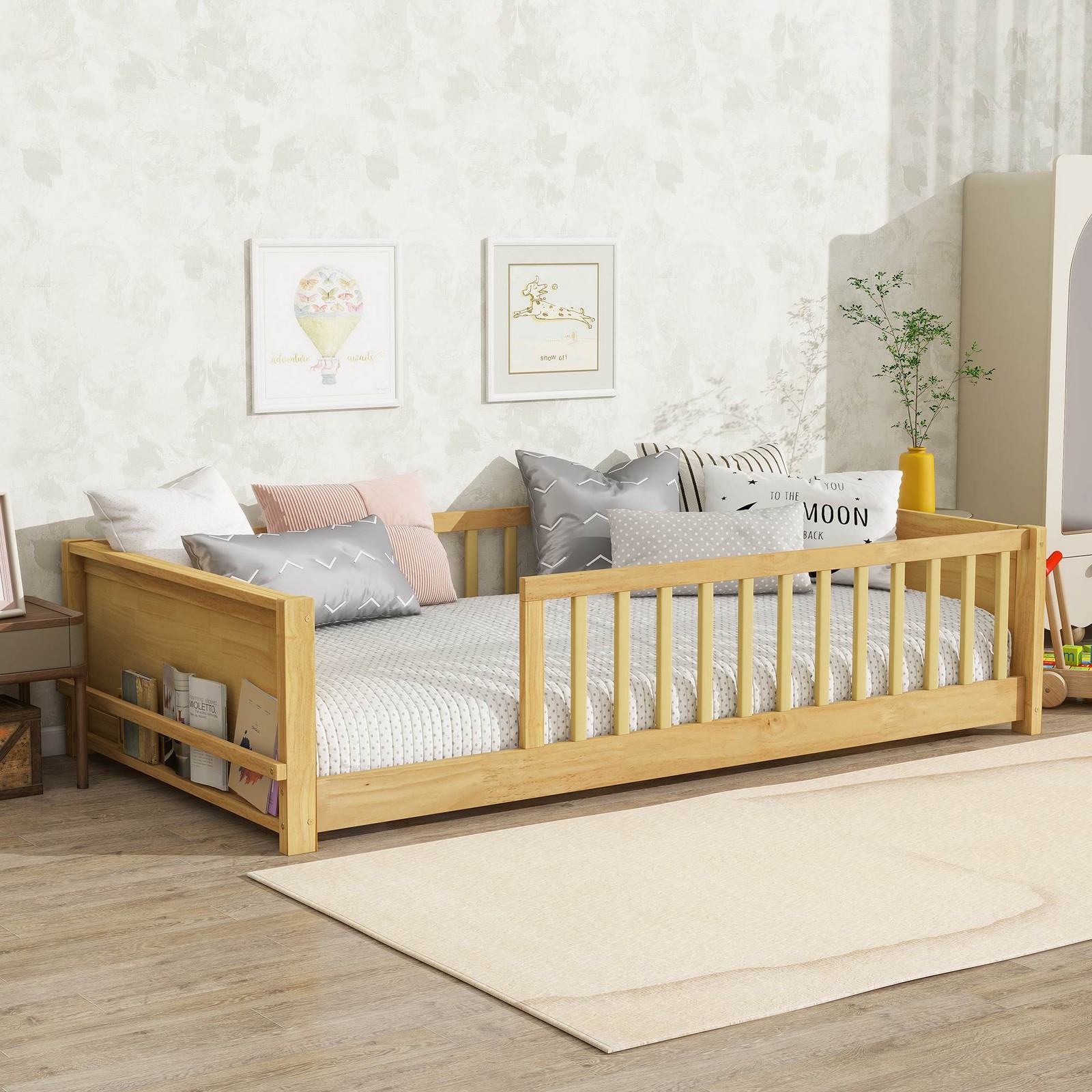 Twin Floor Bed for Kids, Wood Montessori Floor Bed Frame w/ Fence & Book Rack