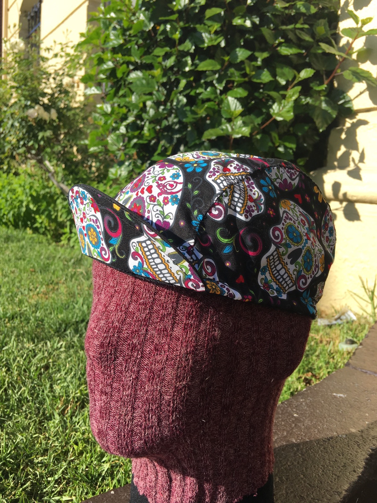 CYCLING CAP  SUGAR SKULL COTTON FABRIC 100% HANDMADE IN USA ANY SIZE