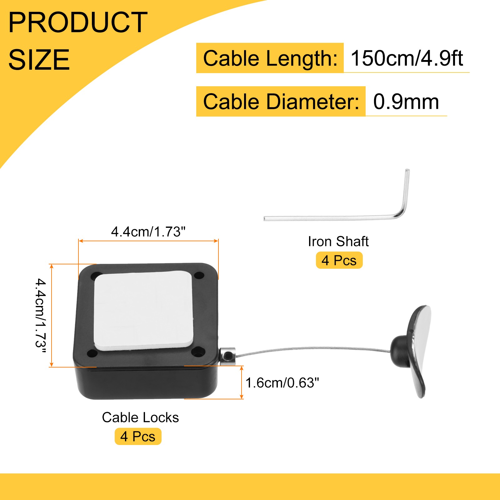 4.9 ft Retractable Cable Security Lock with Arc Patch 600g, Black, 4 Pack