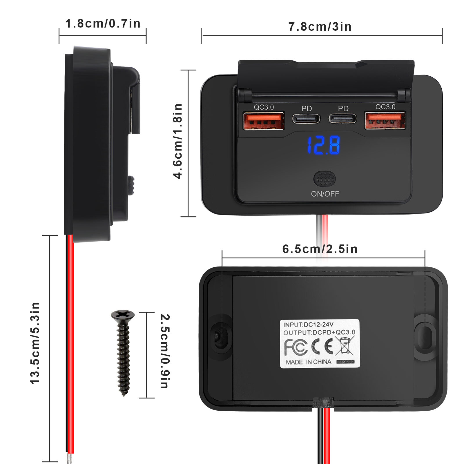 Fast USB Car Charger Socket Panel LED Voltmeter QC3.0 & PD Power Outlet 12-24V