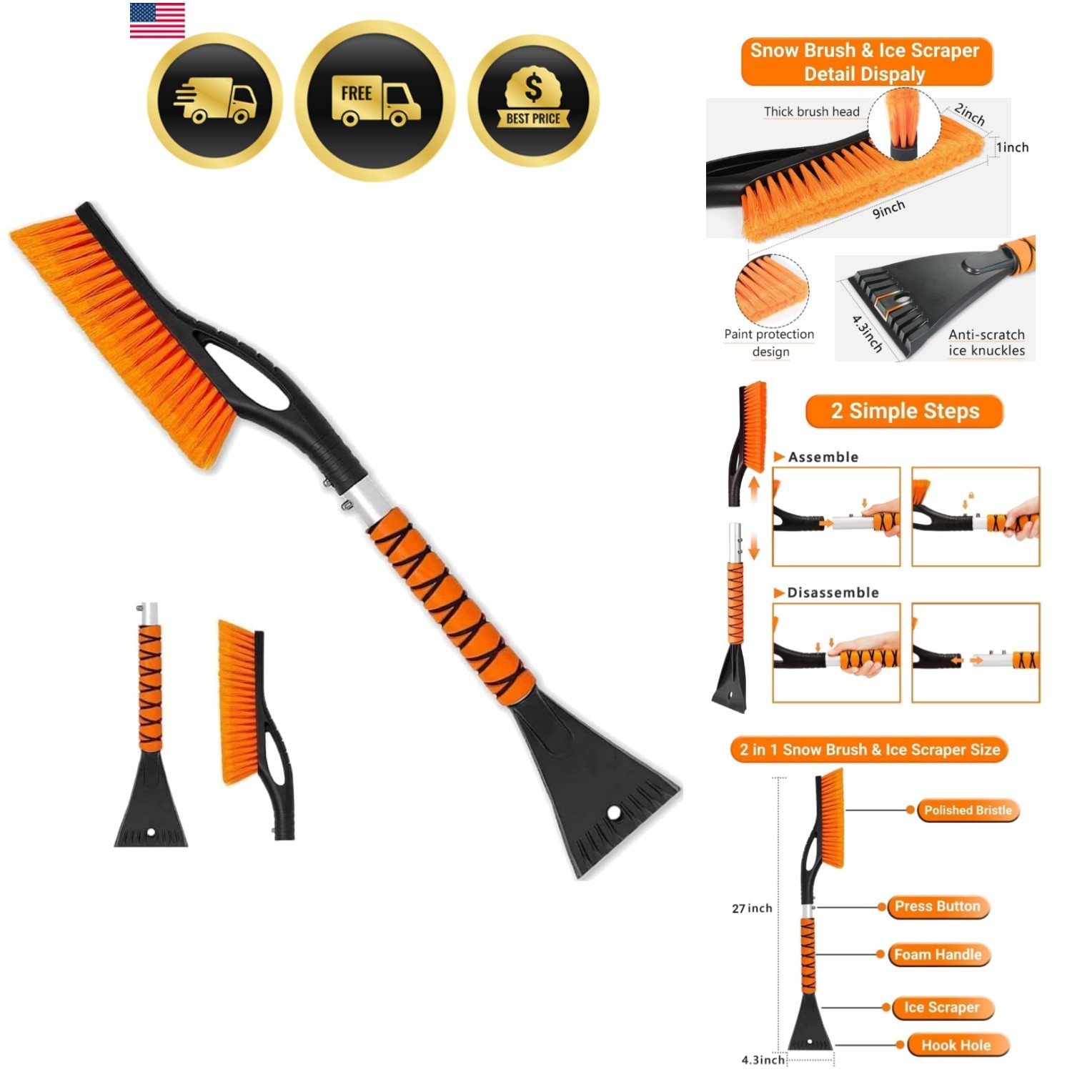 27 Inch, Ice Scrapers for Car Windshield, Detachable Snow Removal Tool with E...
