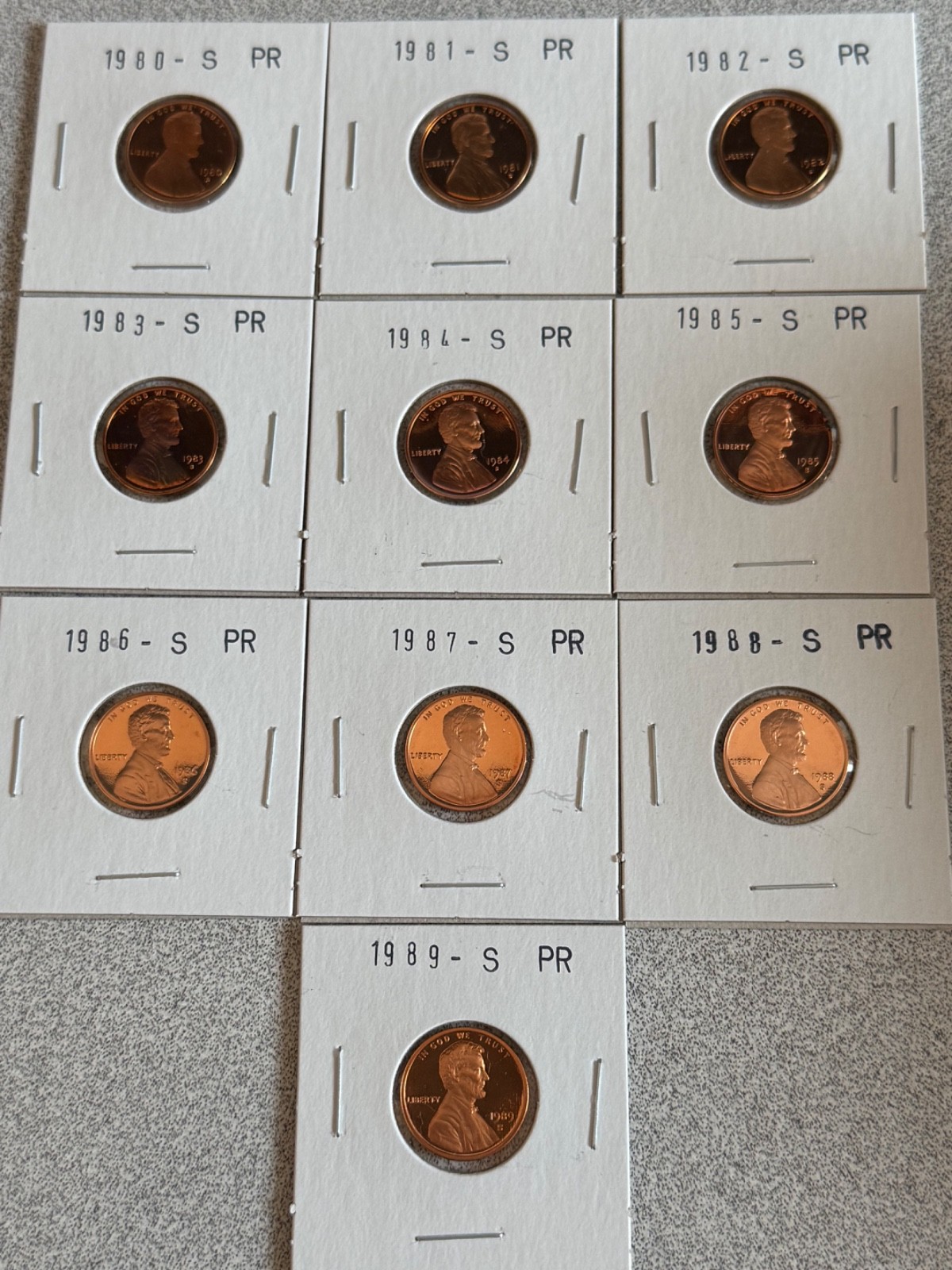 1980 to 1989 S Proof Lincoln  Memorial Cent Penny  10 Coin Set