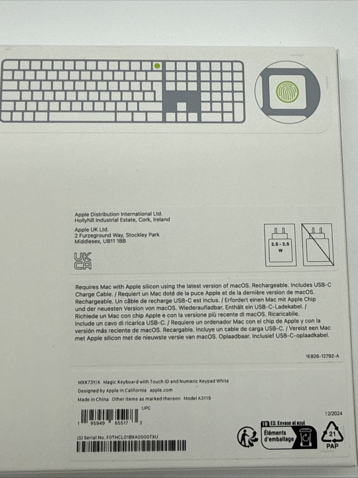 SPANISH - GENUINE APPLE MAGIC KEYBOARD TOUCH ID NUMERIC KEYPAD SILVER USB-C NEW