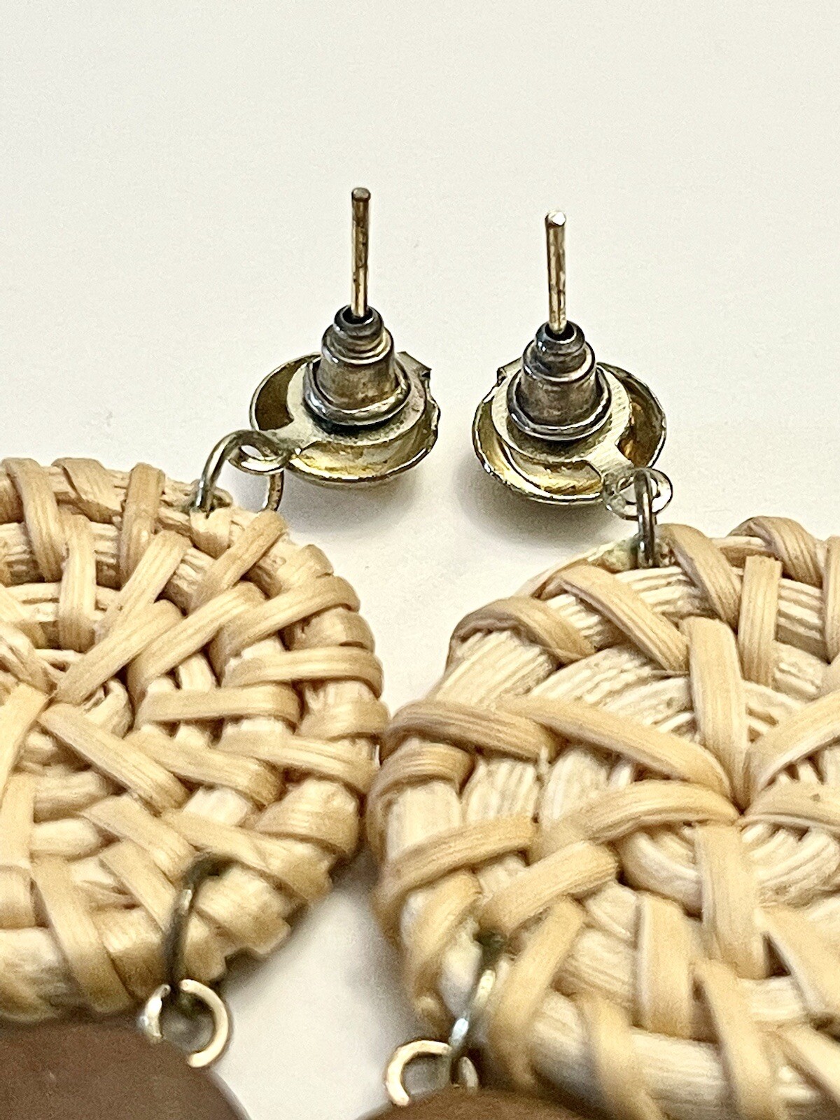 Retro Rattan Wicker Wood Dangle Pierced Earrings Boho