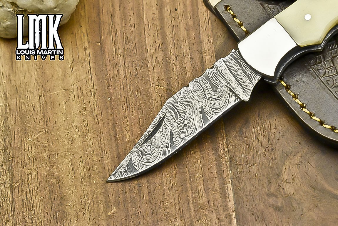 LMK Custom Twist Damascus Pocket Folding Knife Bone Back Lock Hiking Razor Sharp