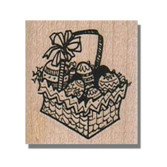 Mounted Rubber Stamp, BASKET With EASTER EGGS, Easter Basket, Egg, Bow, Holiday
