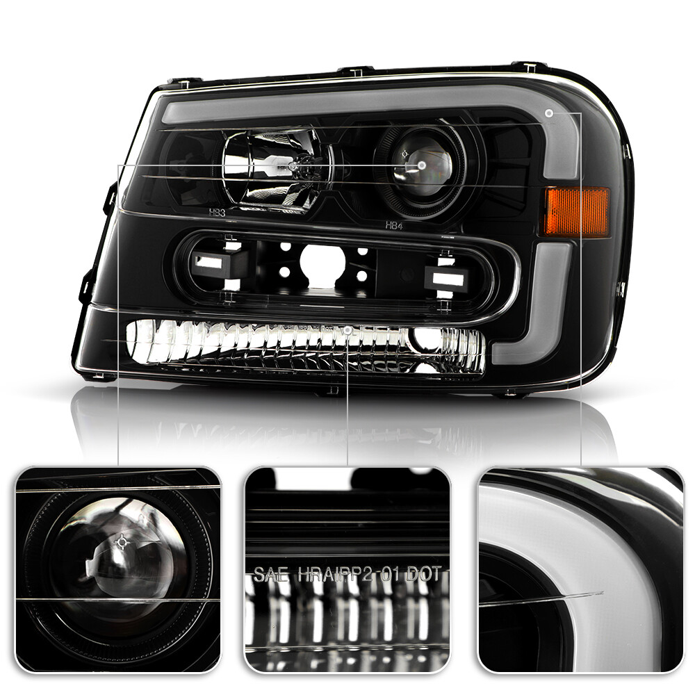 2002-2009 Chevy Trailblazer Black LED Tube Projector Headlights Pair Left+Right