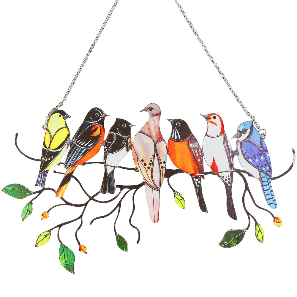 Multicolor Birds Suncatcher Stained Panel w/Chain for Glass Window Hanging Decor
