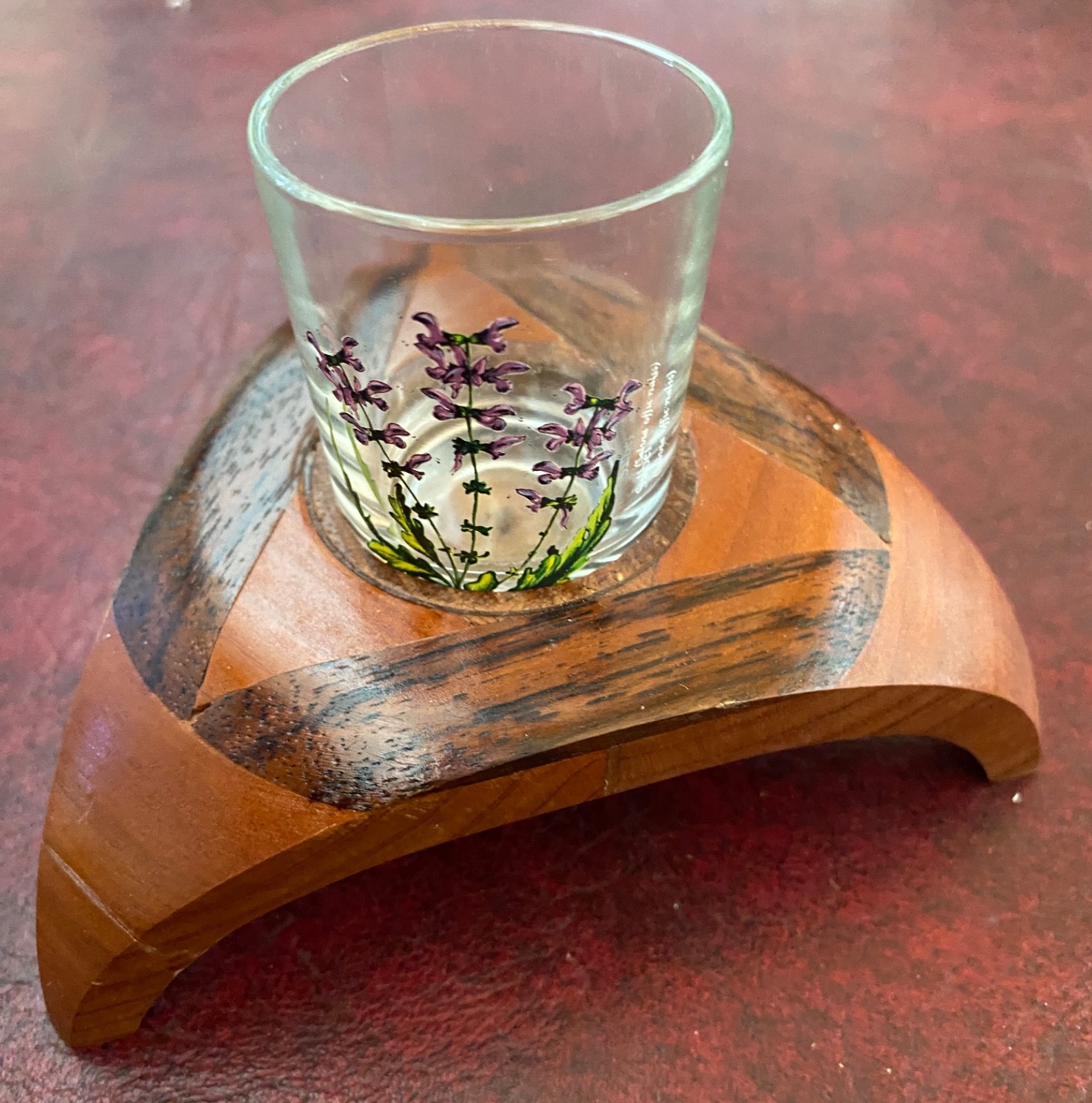 Vintage Hand Painted w Salvia Flower Shot Glass France inlay Wood Stand France