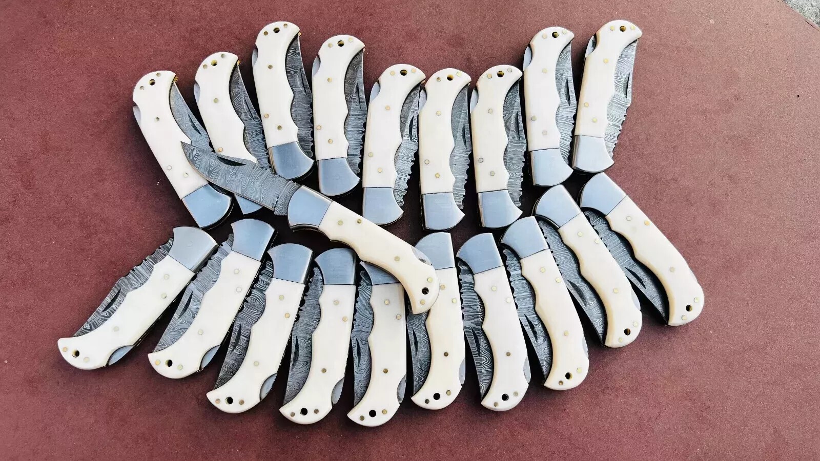 SET OF 30PCS HANDMADE DAMASCUS FOLDING KNIVES, BONE HANDLE & SHEATH