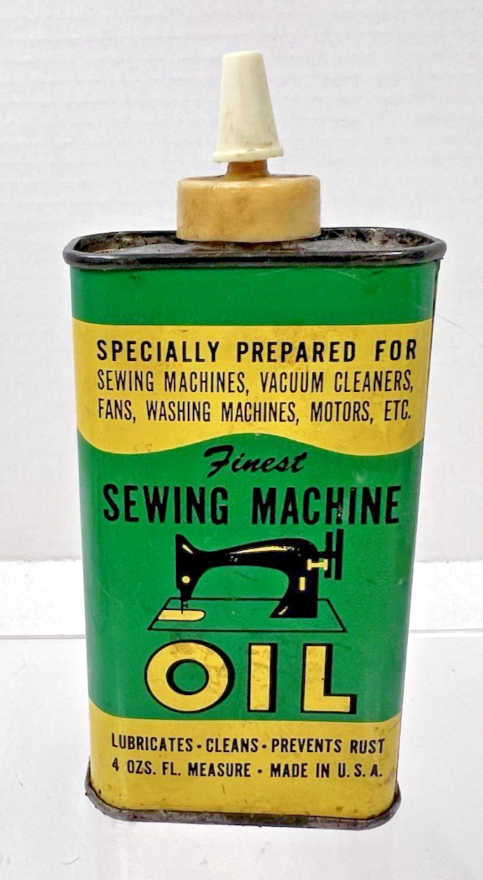 Vintage Sewing Machine Oil Tin Green Yellow Nice Old Graphics 4oz