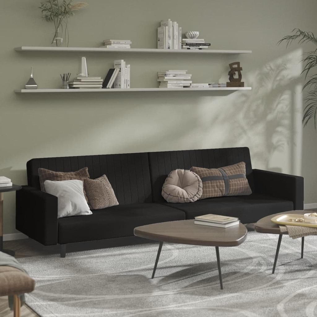 Sofa Bed Black Velvet (100% polyester), wood, plastic 2-Seater