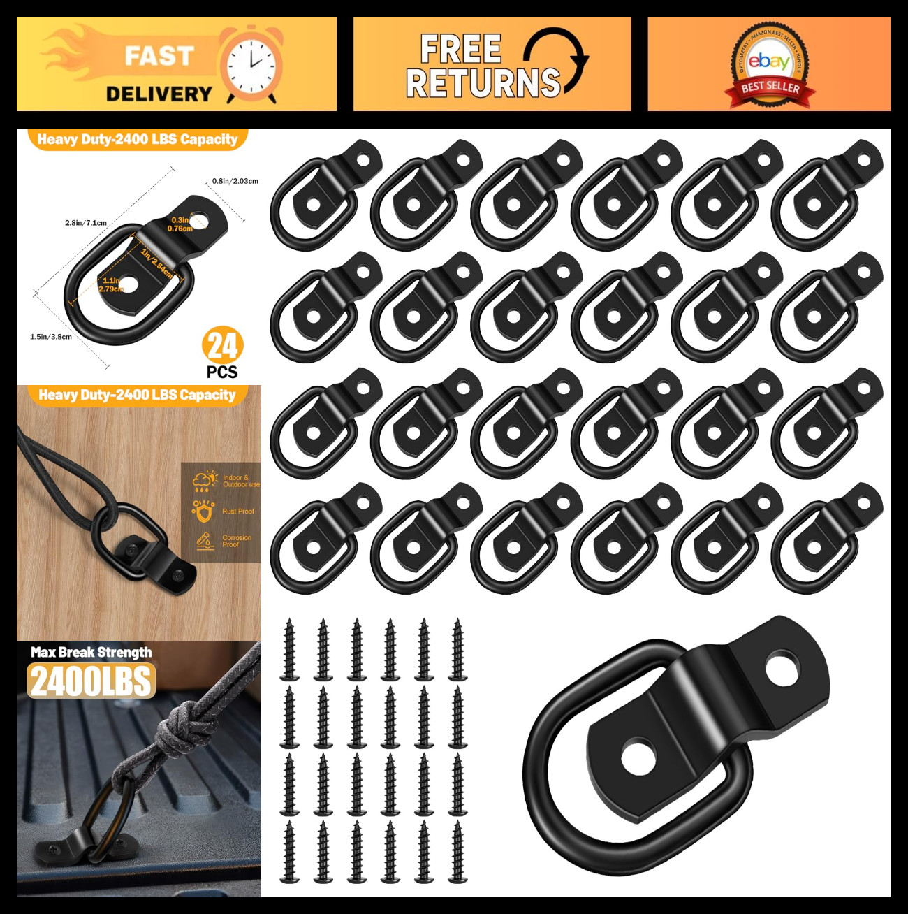 24 Pack Heavy Duty Black D Rings Tie Down Anchors 1/4" for Trailers & Cargo Cont