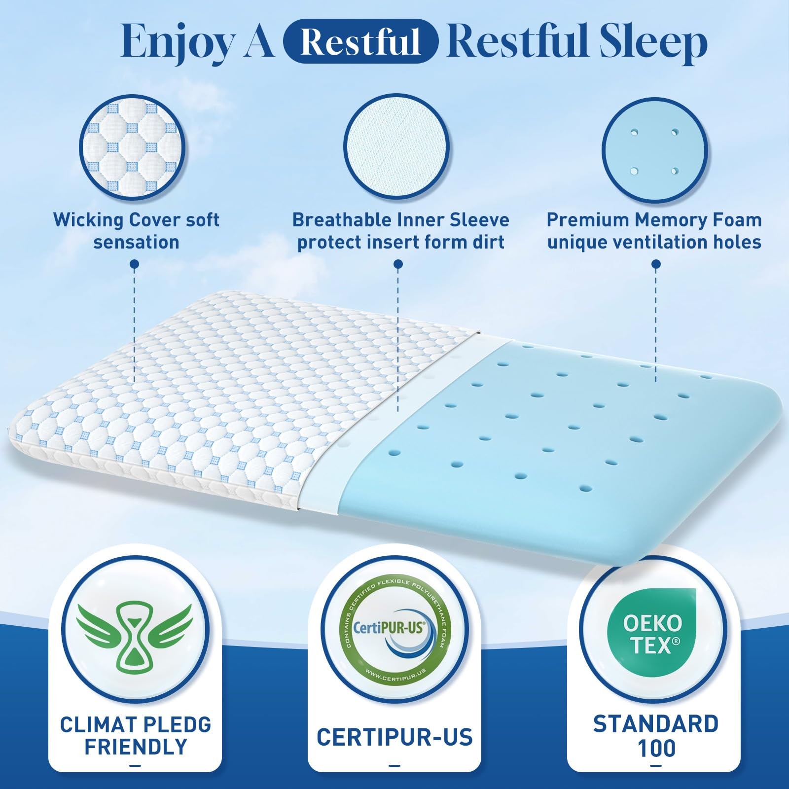 CloudBliss Thin Memory Foam Pillows, Reversible Design, 2.75", Queen