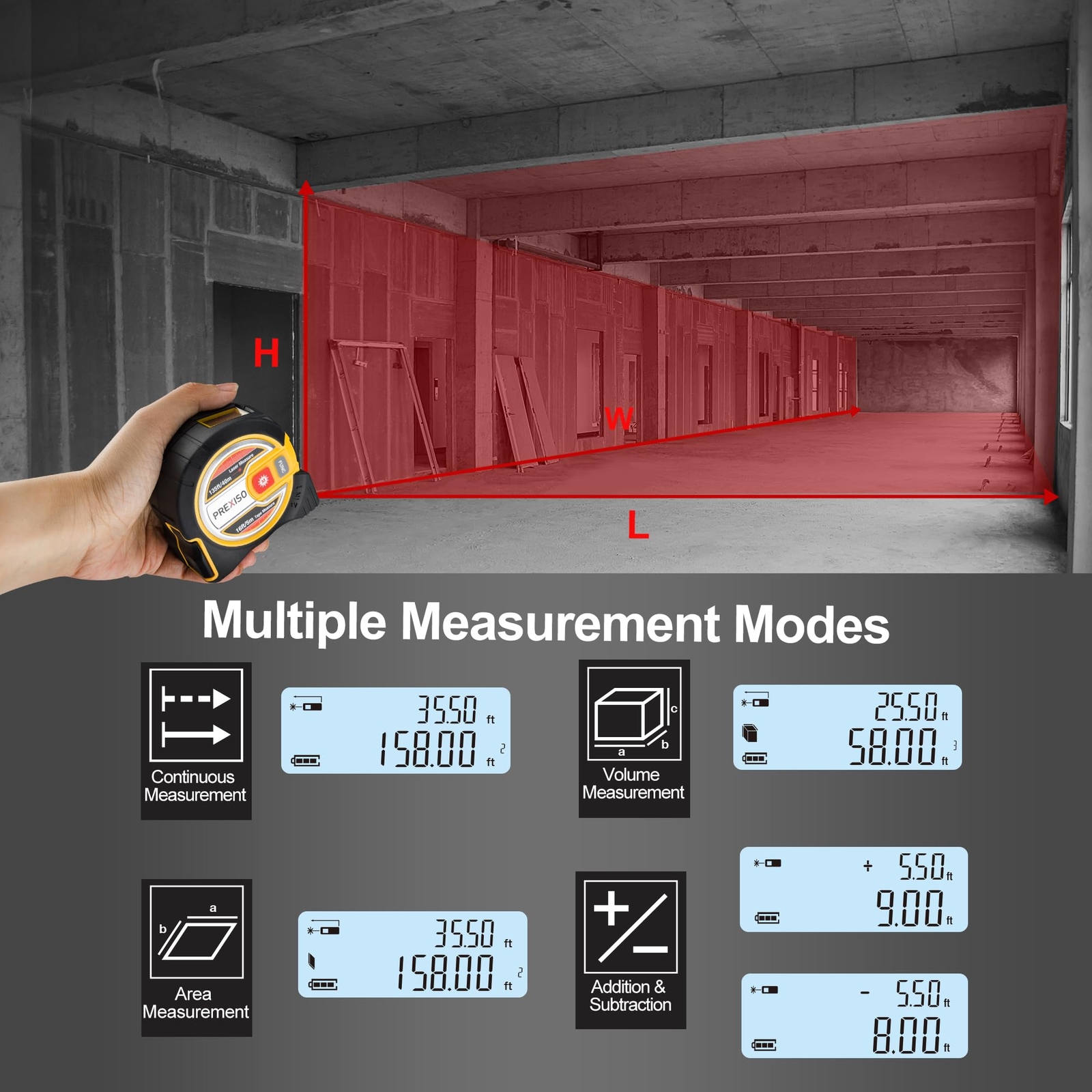 PREXISO 2-in-1 Laser Tape Measure 16Ft Measure Tape&135Ft Laser Measurement Tool