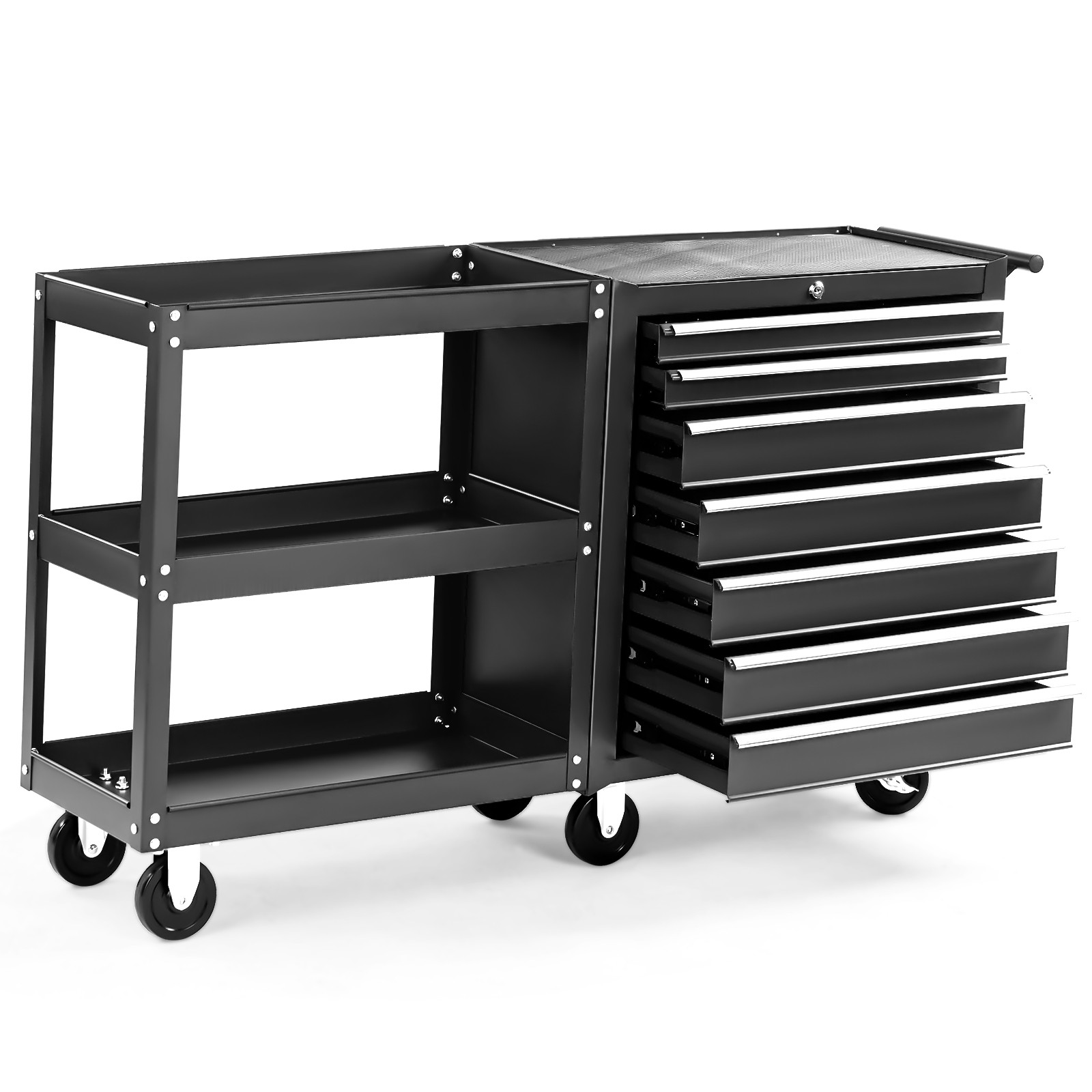 7-Drawer Rolling Tool Chest Tool Box with Lock & Key & Side Shelves & Wheels New