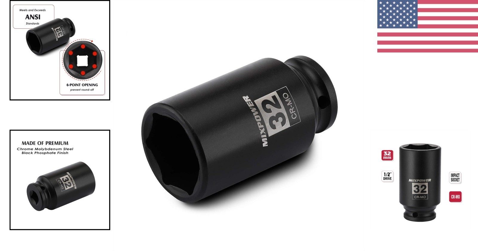 Professional Grade 1/2" 32mm Axle Nut Socket, CR-MO with Black Phosphate Finish