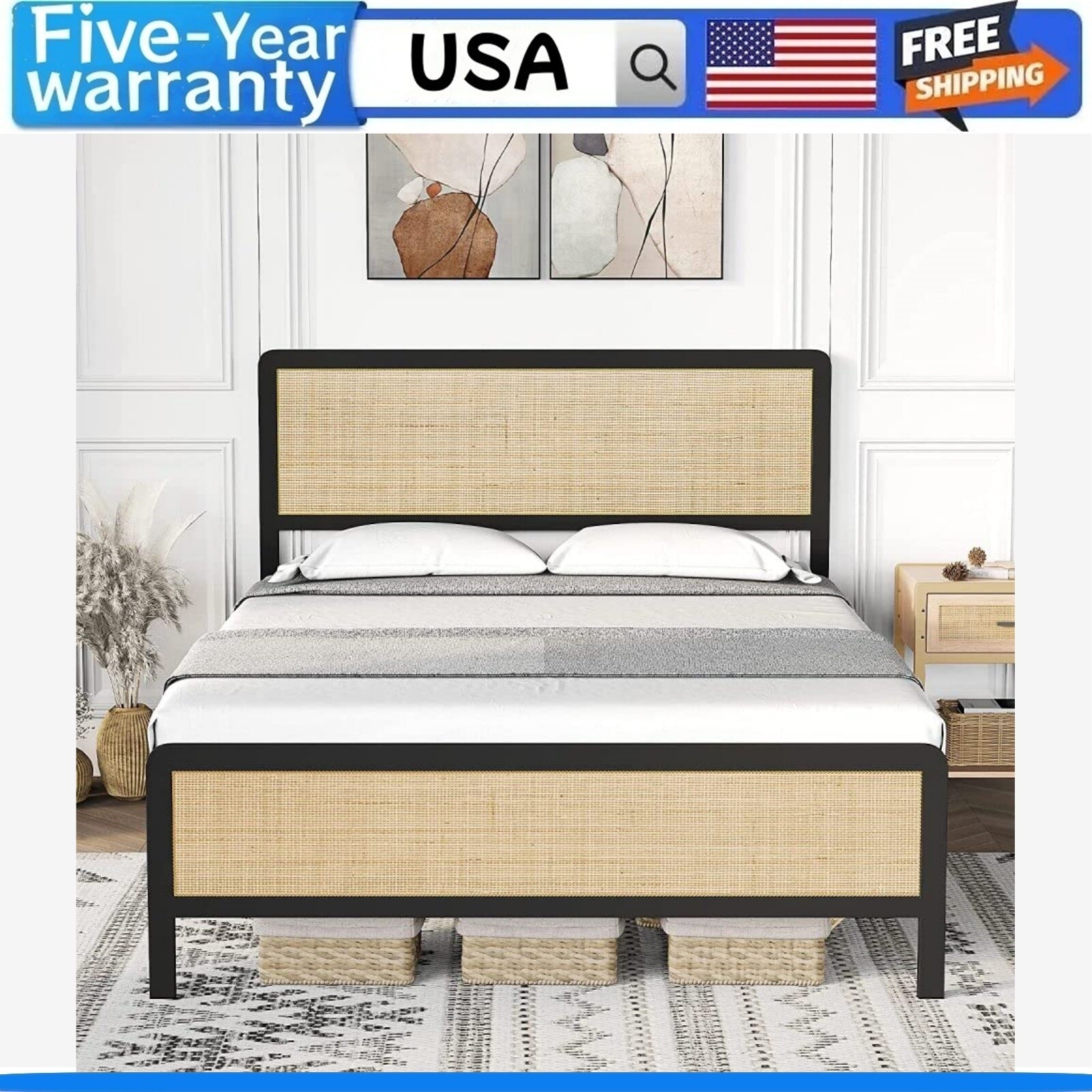 ✅QUEEN/FULL Bed Frame with Rattan Headboard and Footboard Metal Slat Support