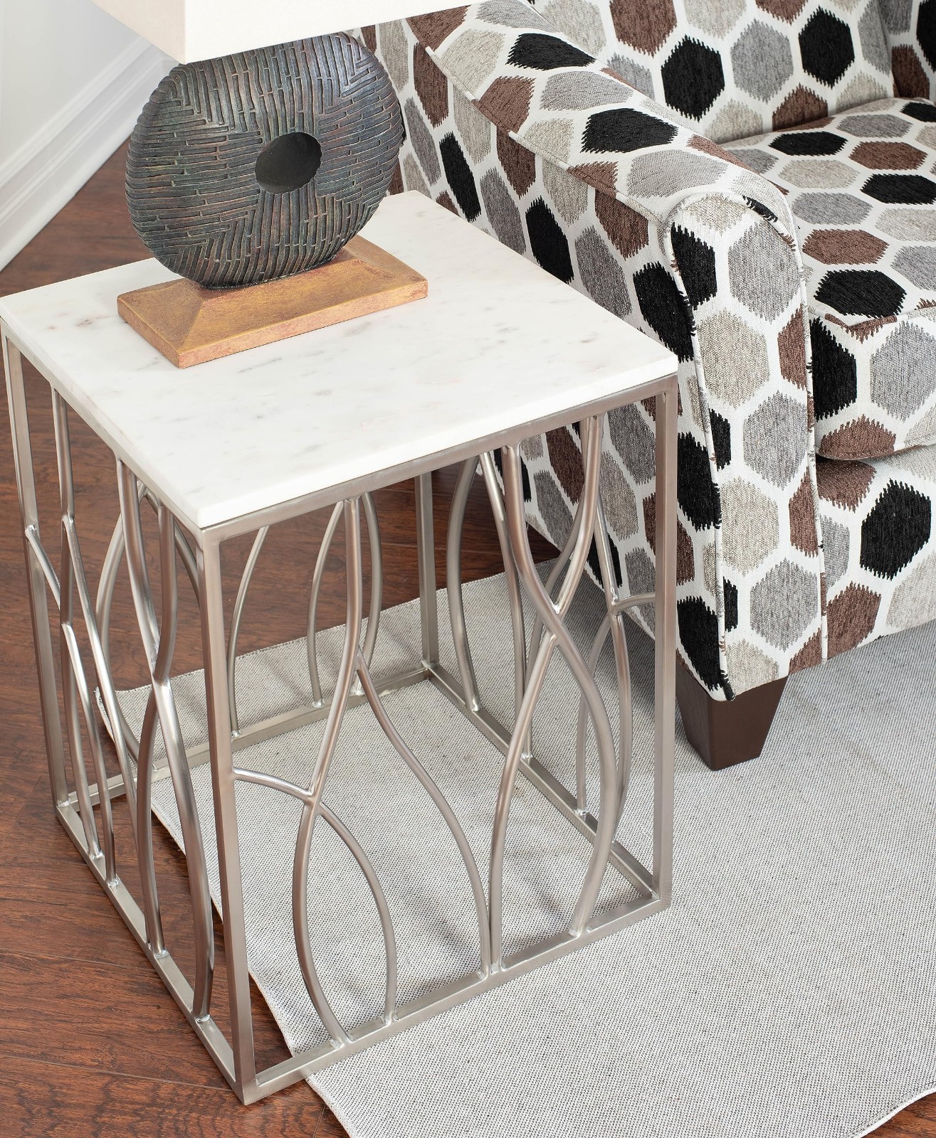 Marble End Table with Stainless Steel Base - Modern Square Accent Table