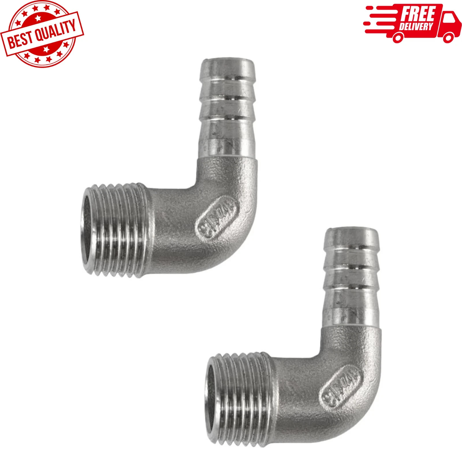 2-Pack 1/2 inch Hose Barb x 1/2 inch Male NPT Adapter - Stainless Steel 90-Degre