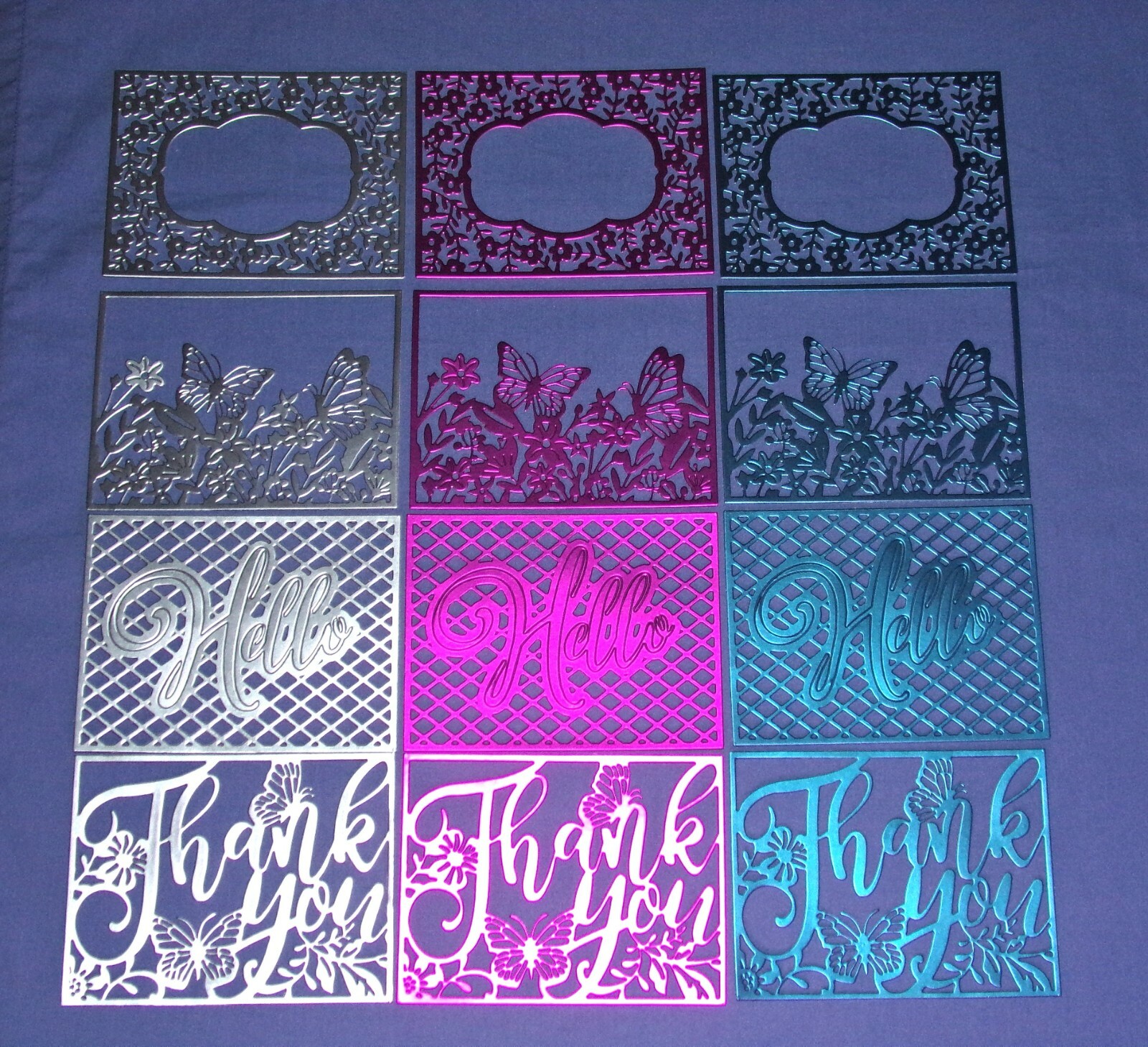 Diamond Press Die Cuts Hello Thank you Butterflies Flowers in Shiny Mirror 12pcs