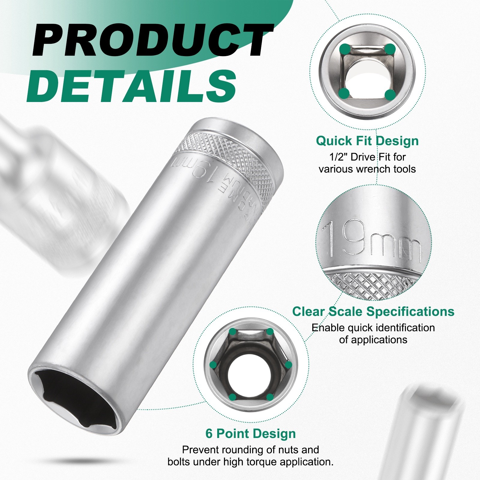 2pcs 6 Points Deep Socket 1/2" Drive 19mm Nickel Plating Hex Socket 3.1" Long