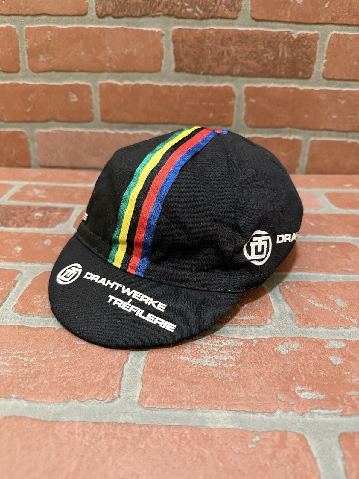 Vintage Drahtwerke Cycling Cap Black Rainbow Stripe Bicycle Hat Made in Italy