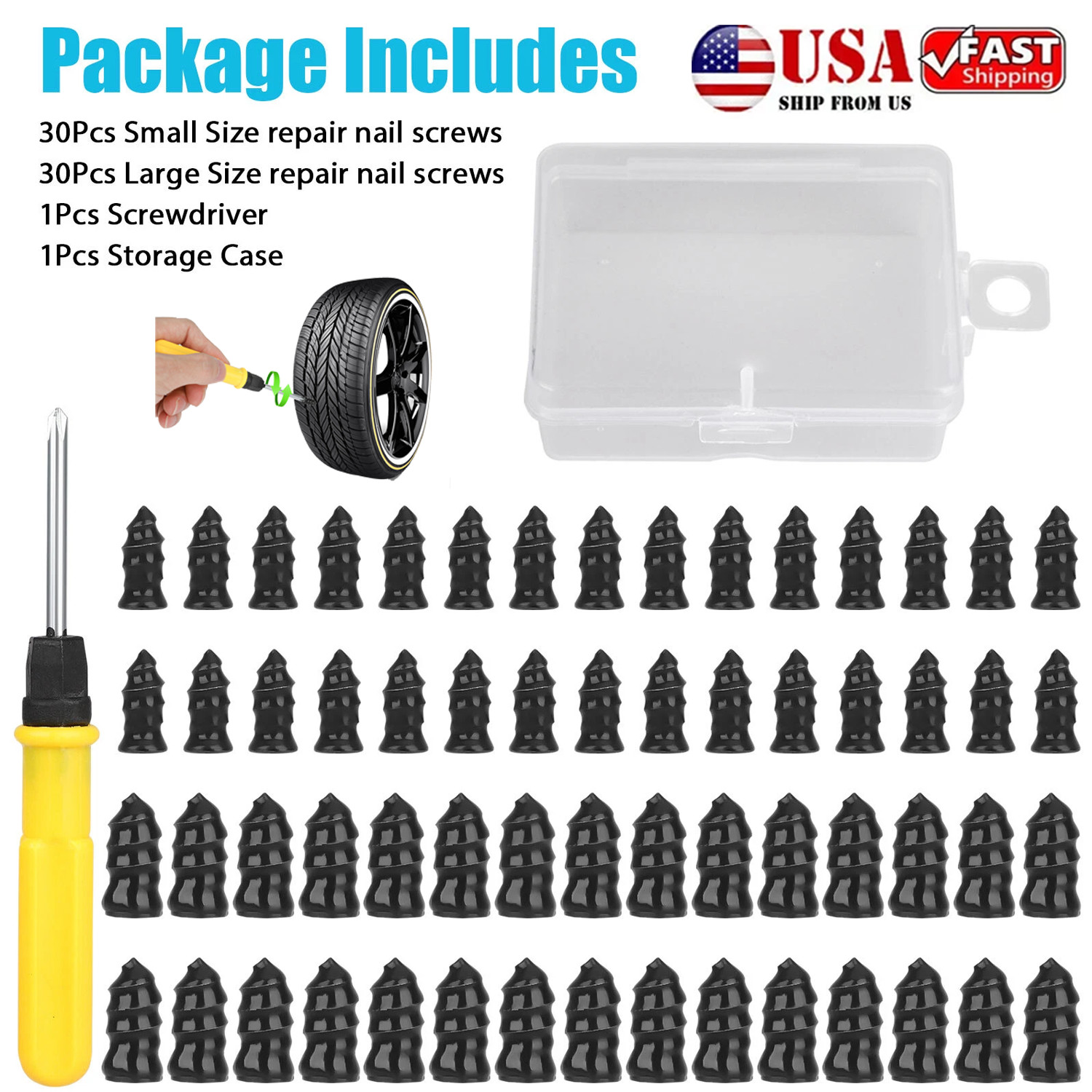 61x Car Tubeless Vacuum Tyre Puncture Repair Kit Screw Nails Tire Patch Plug Fix