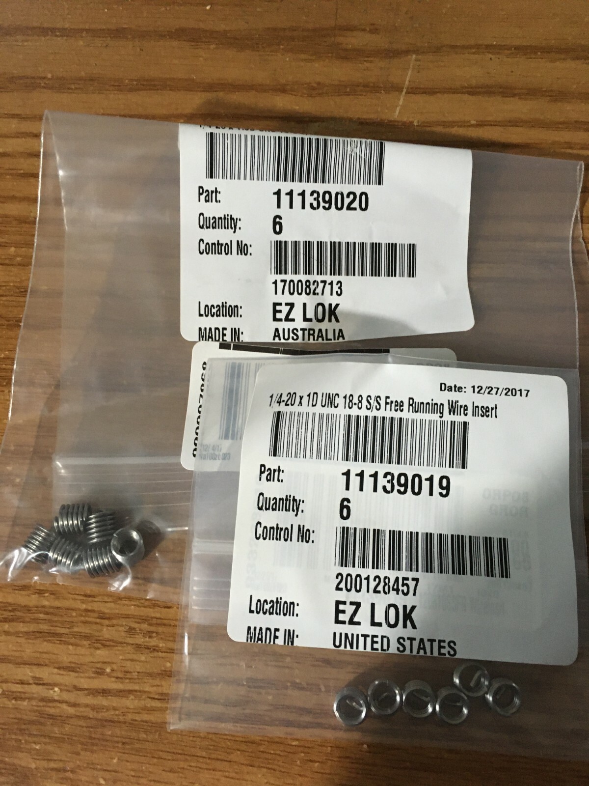 (12) 1/4-20 x 1D and 1.5D UNC 18-8 S/S Free Running Wire Insert