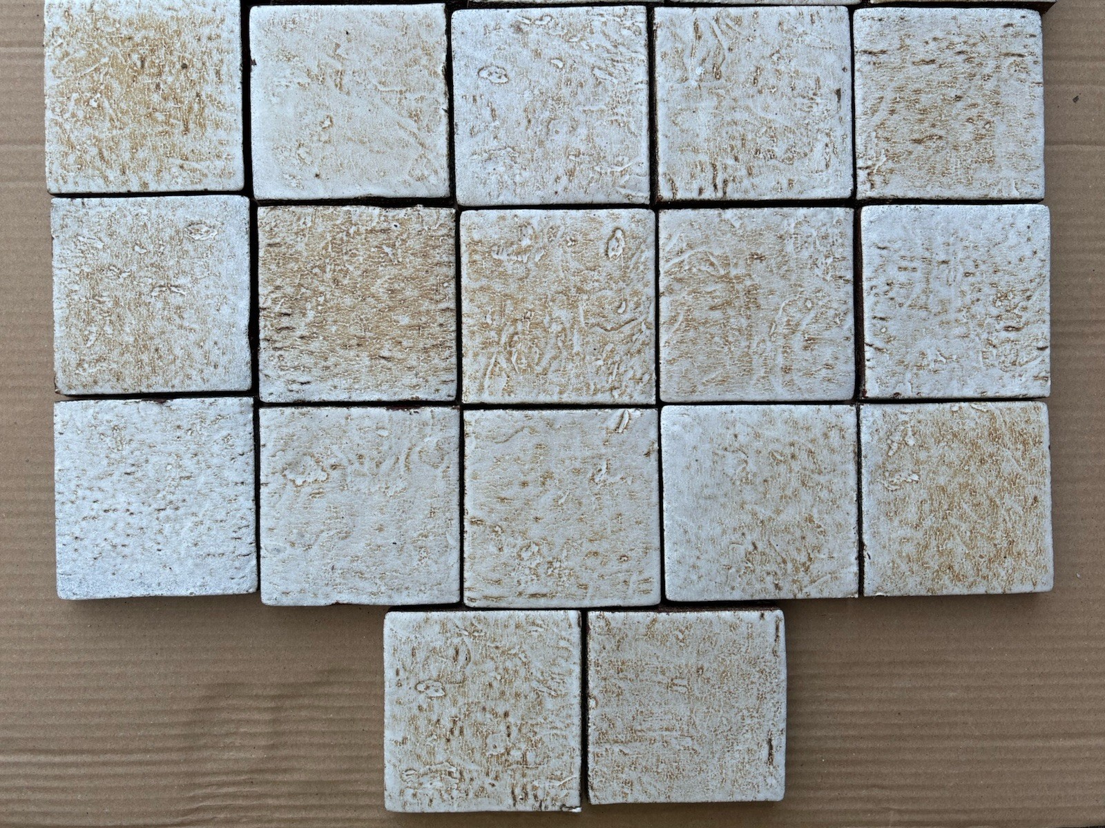 4 Vintage Hand Made Mottled Glazed Field Tile THICK 3 7/8"sq Set of 4 NOS #A