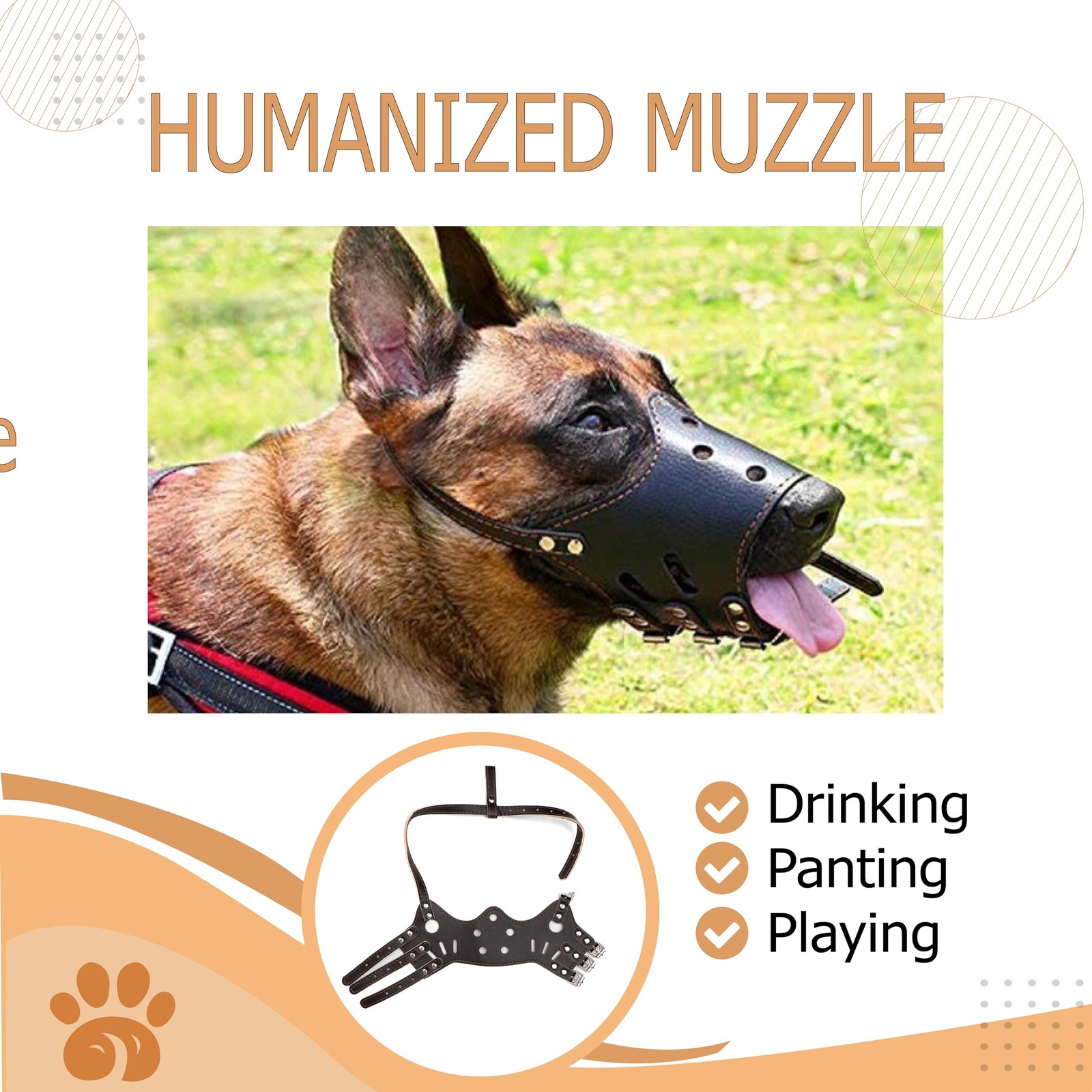 Wagably Brown Leather Muzzle for Dogs - Secure Basket - Large,