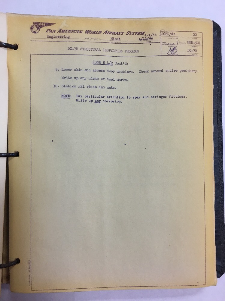 Douglas DC7B Original Structural Inspection Program Pan American World Airways