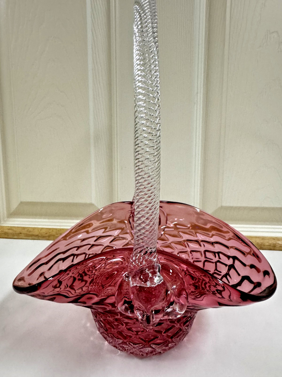 Crystal BasketW/handle cranberry VTG Piekes Chalet Canada a Beauty! 10"T X 7.5"W