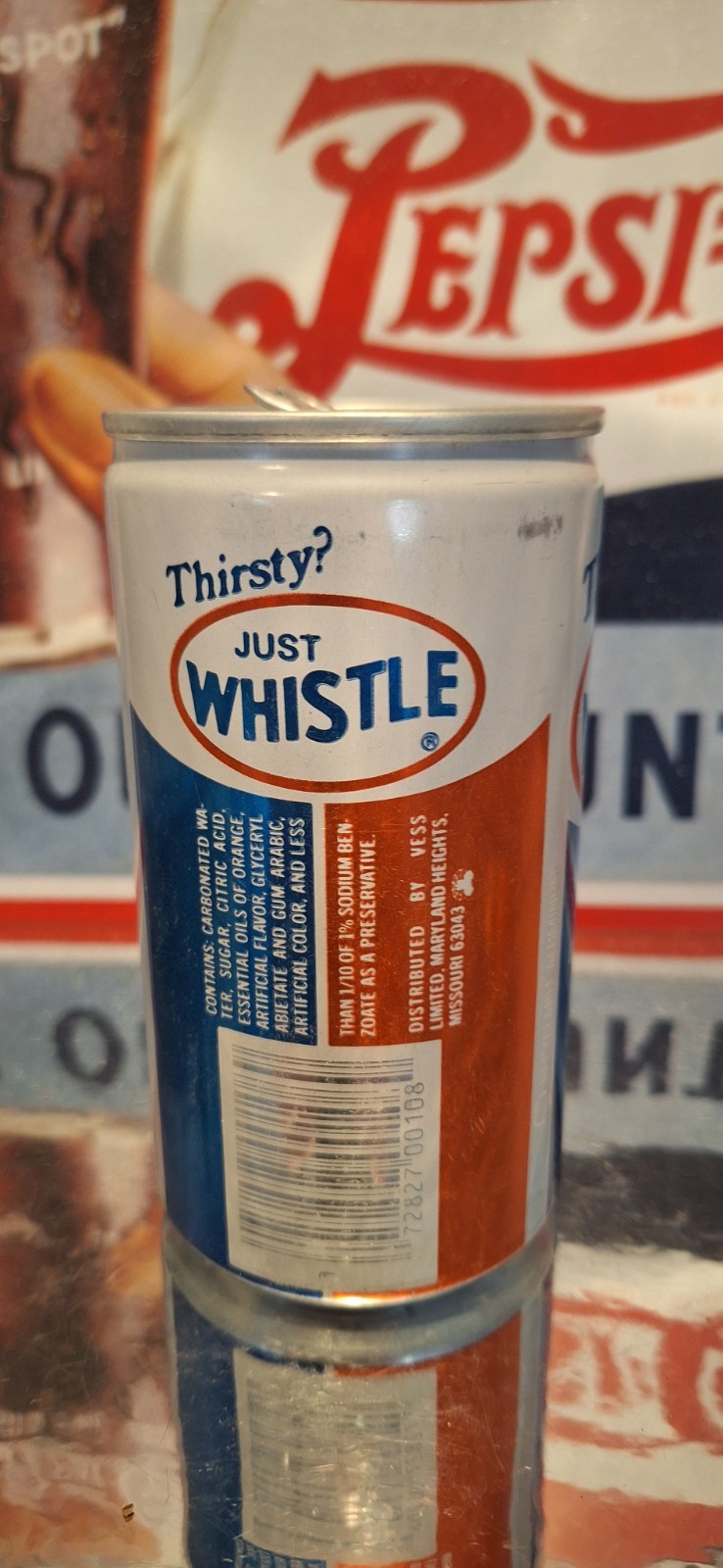 🍺 Just Whistle Orange Soda Pop Can Advertising Prop Empty 70's 80's