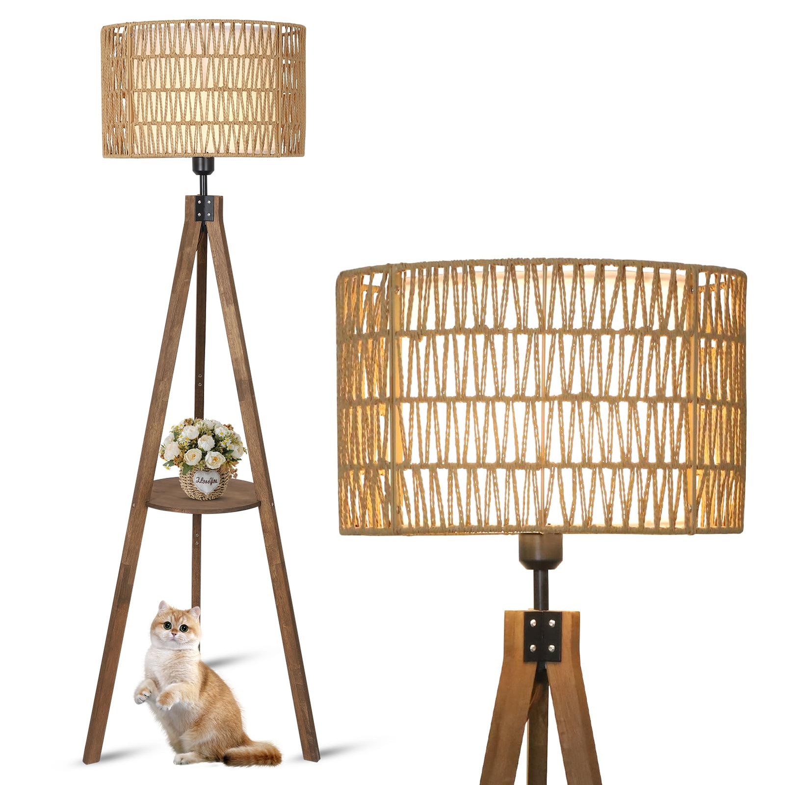 Boho Tripod Floor Lamps for Living Room, Rattan Wood Floor Lamp with Fabric S...