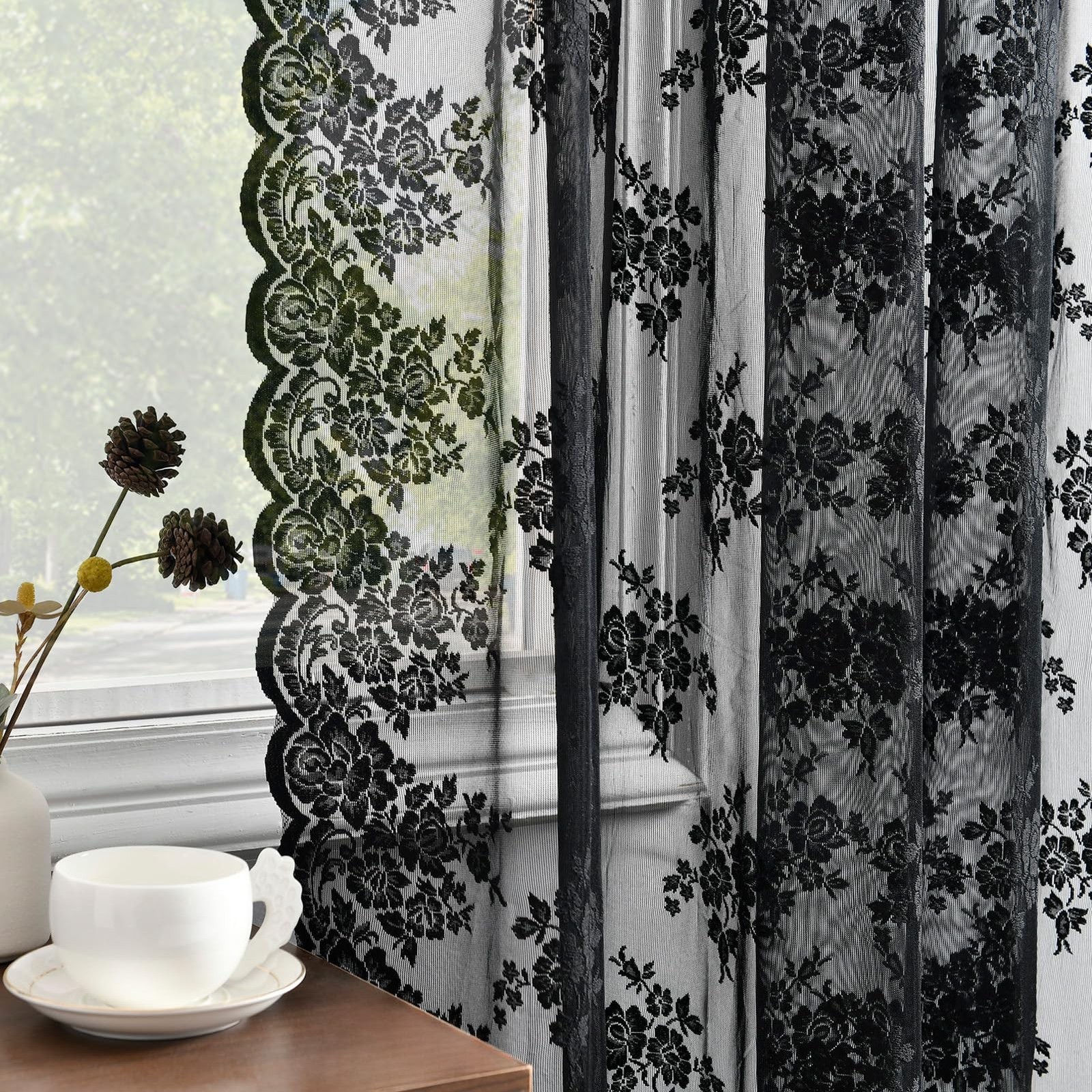 Kotile Black Lace Curtains 72 Inches Long 2 Panels, Country Rustic Floral Got...
