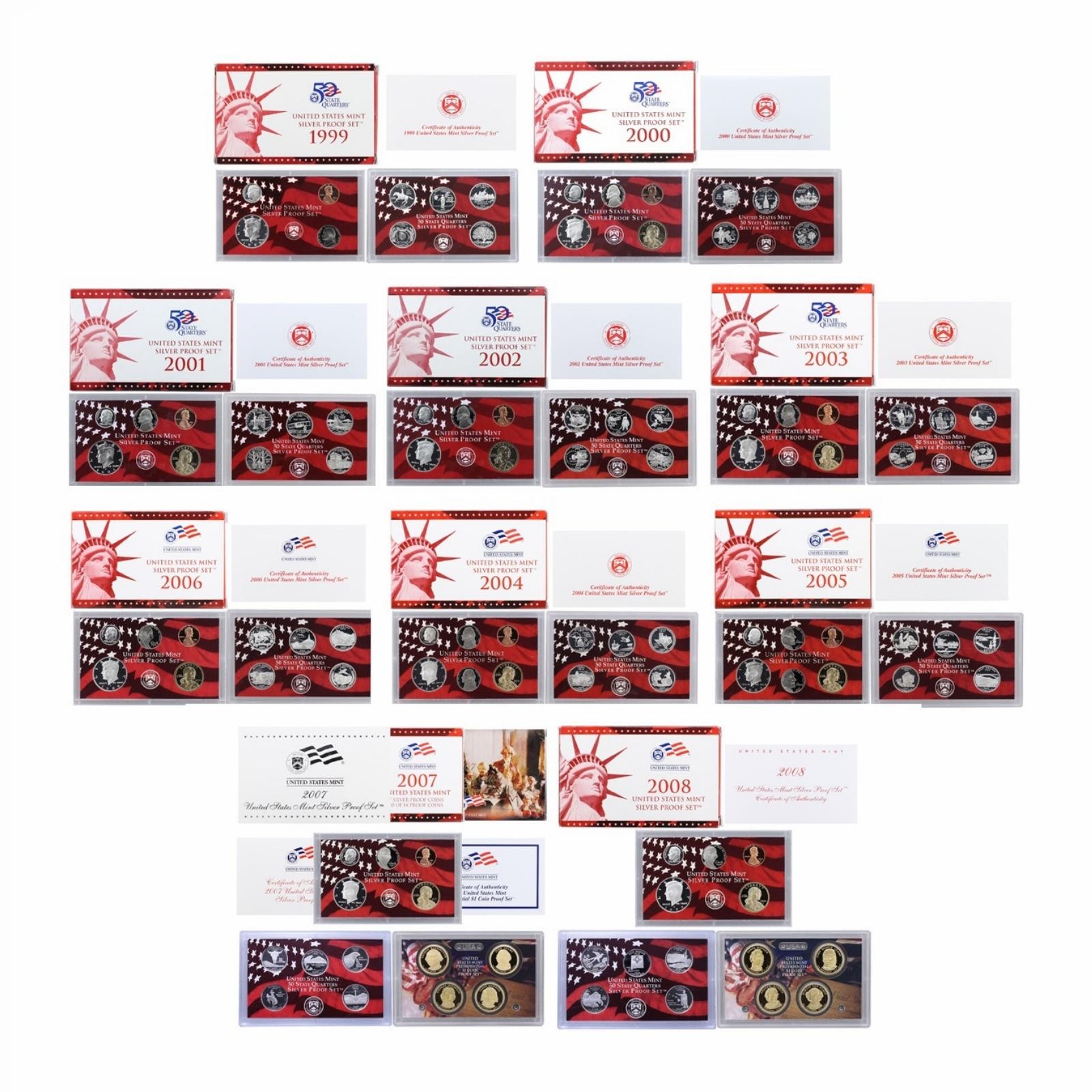 1999-2008 S Proof Set Run Box & COA 90% Silver US Mint 10 Sets 109 Coins