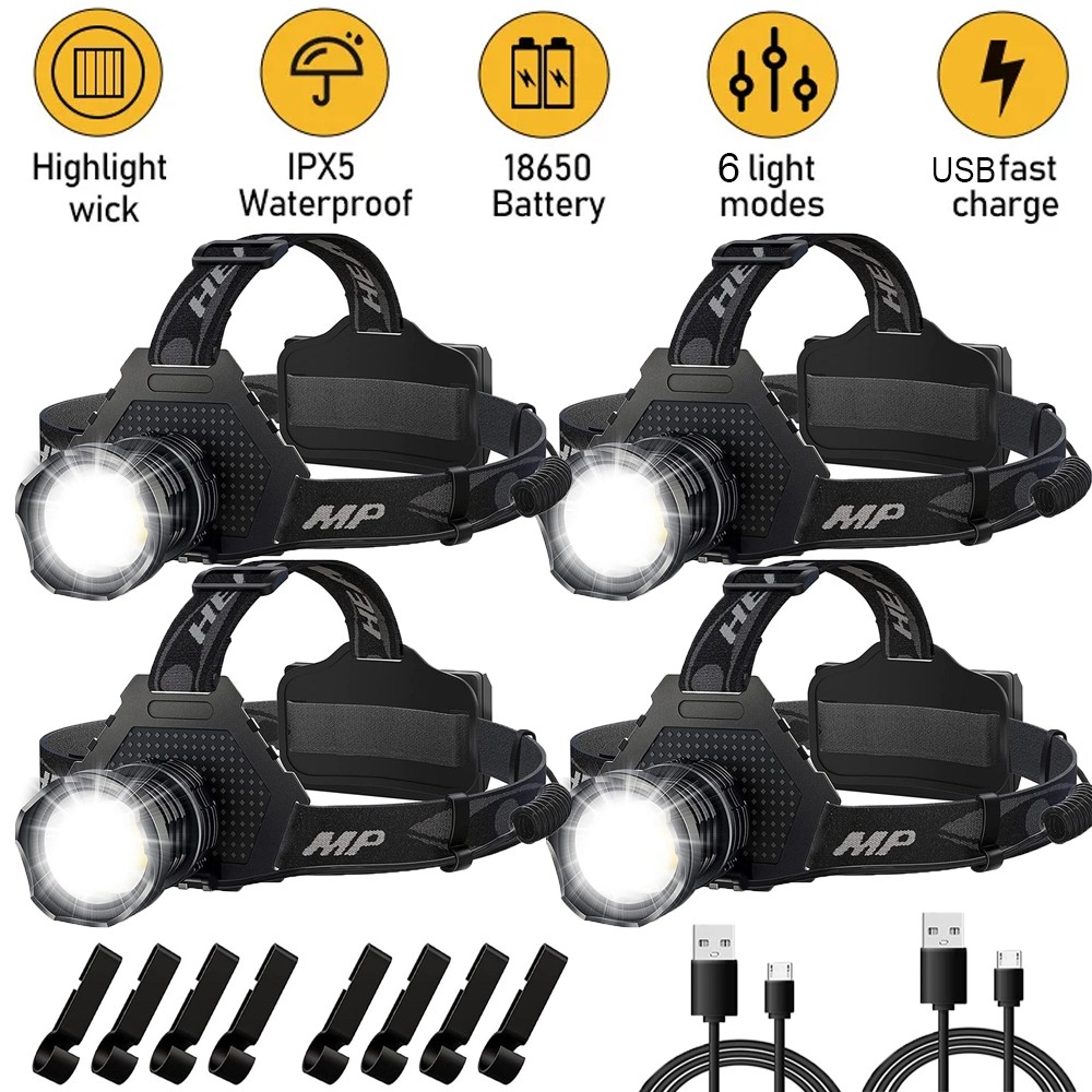 4Packs 100000 Lumen Super Bright Head Lamp Rechargeable LED Headlamp Flashlight