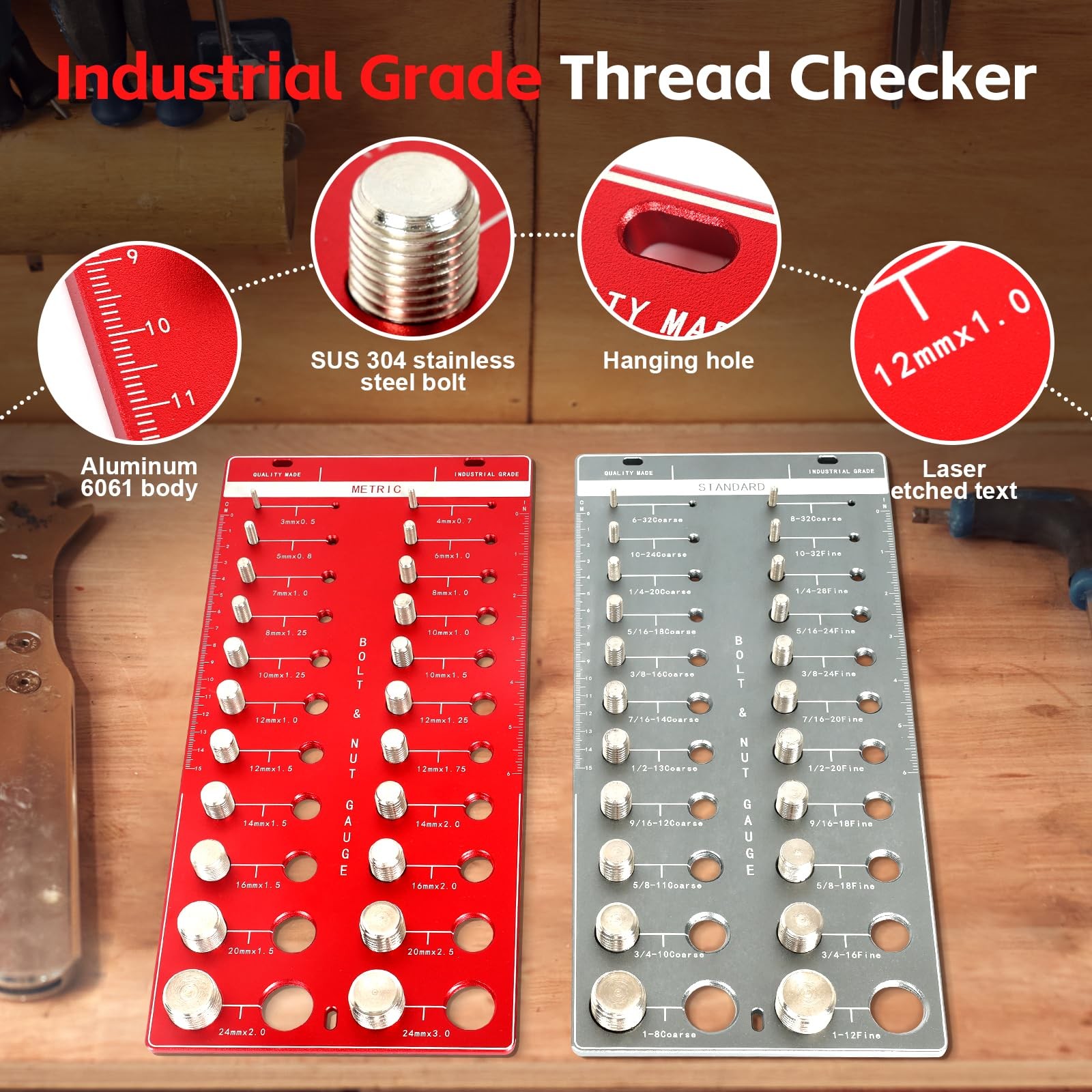 44 PCS Nut Bolt Thread Checker Standard Metric Size Gauge Wall Mount Ruler