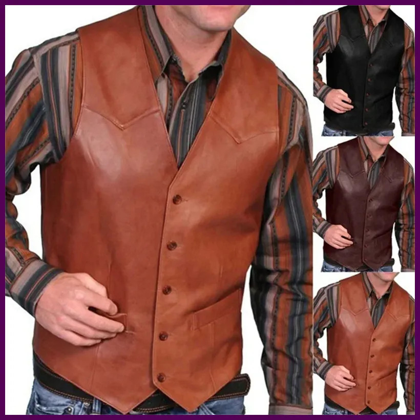 Leather Vest for Men Motorcycle Colete Luxo 5XL Steampunk Waistcoat  Western