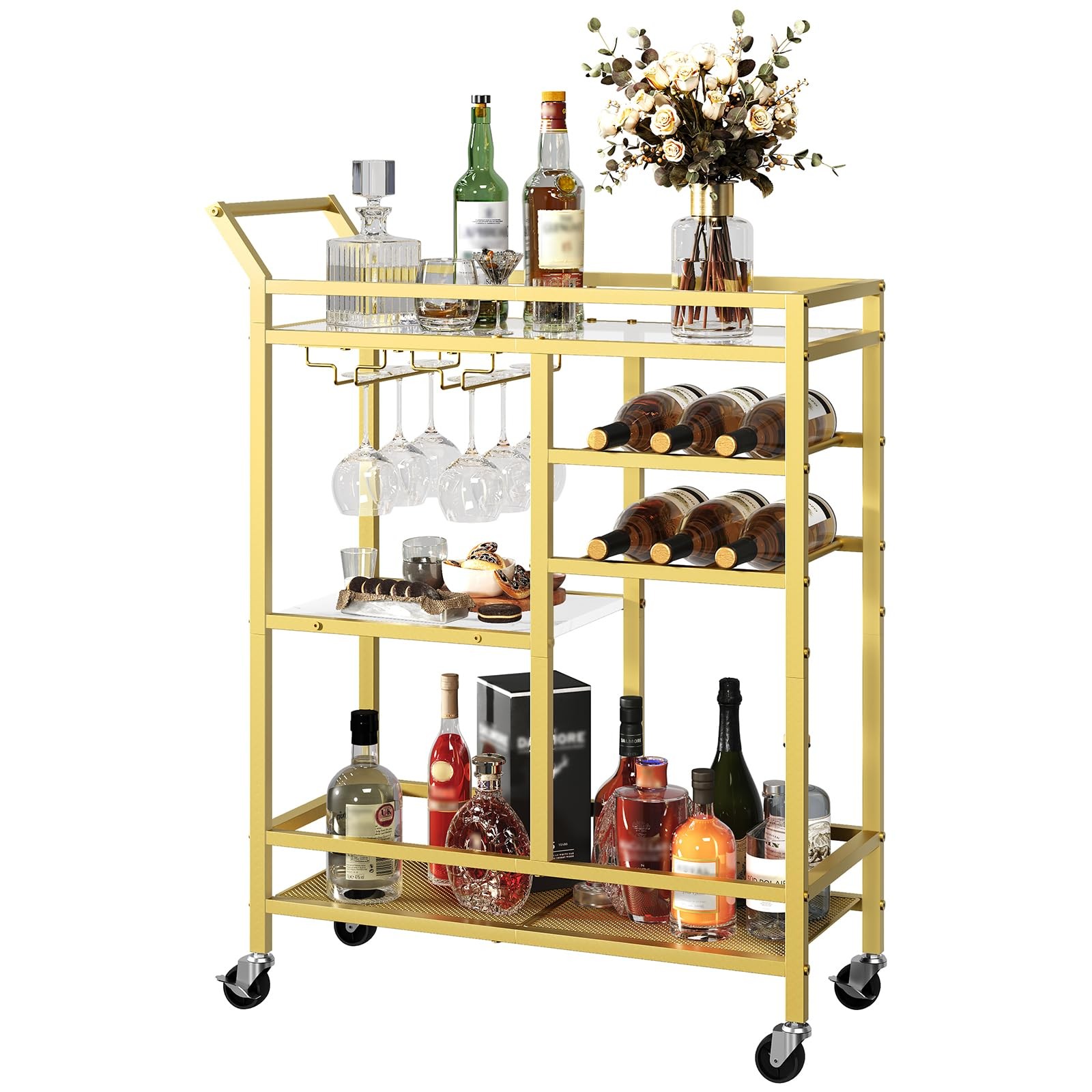 Bar Cart for Home, 3-Tier Serving Cart with Glass Top, Beverage Cart with Win...