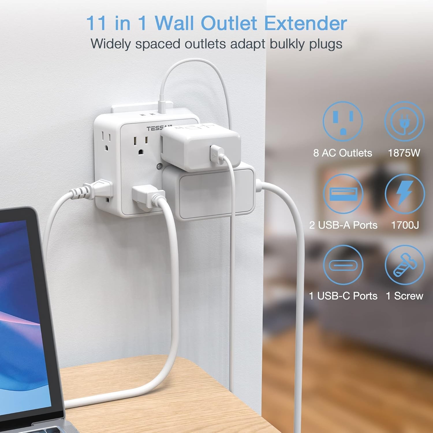 8 Outlets Extender Multi Plug Wall Adapter Surge Protector 1700J Wall Socket