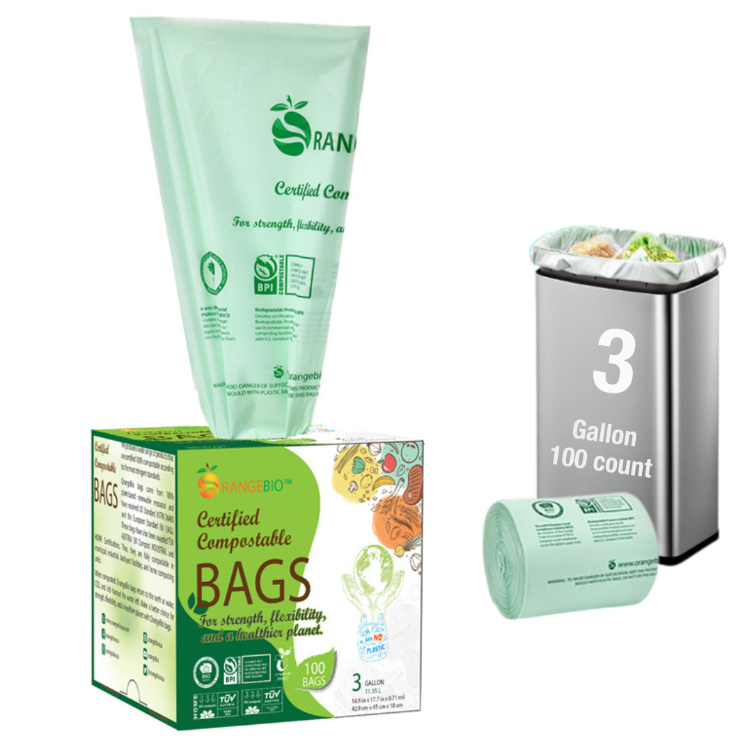 OrangeBio® 3 Gallon Compostable Small Bin Liners, 100 Count, BPI Certified, TÜV