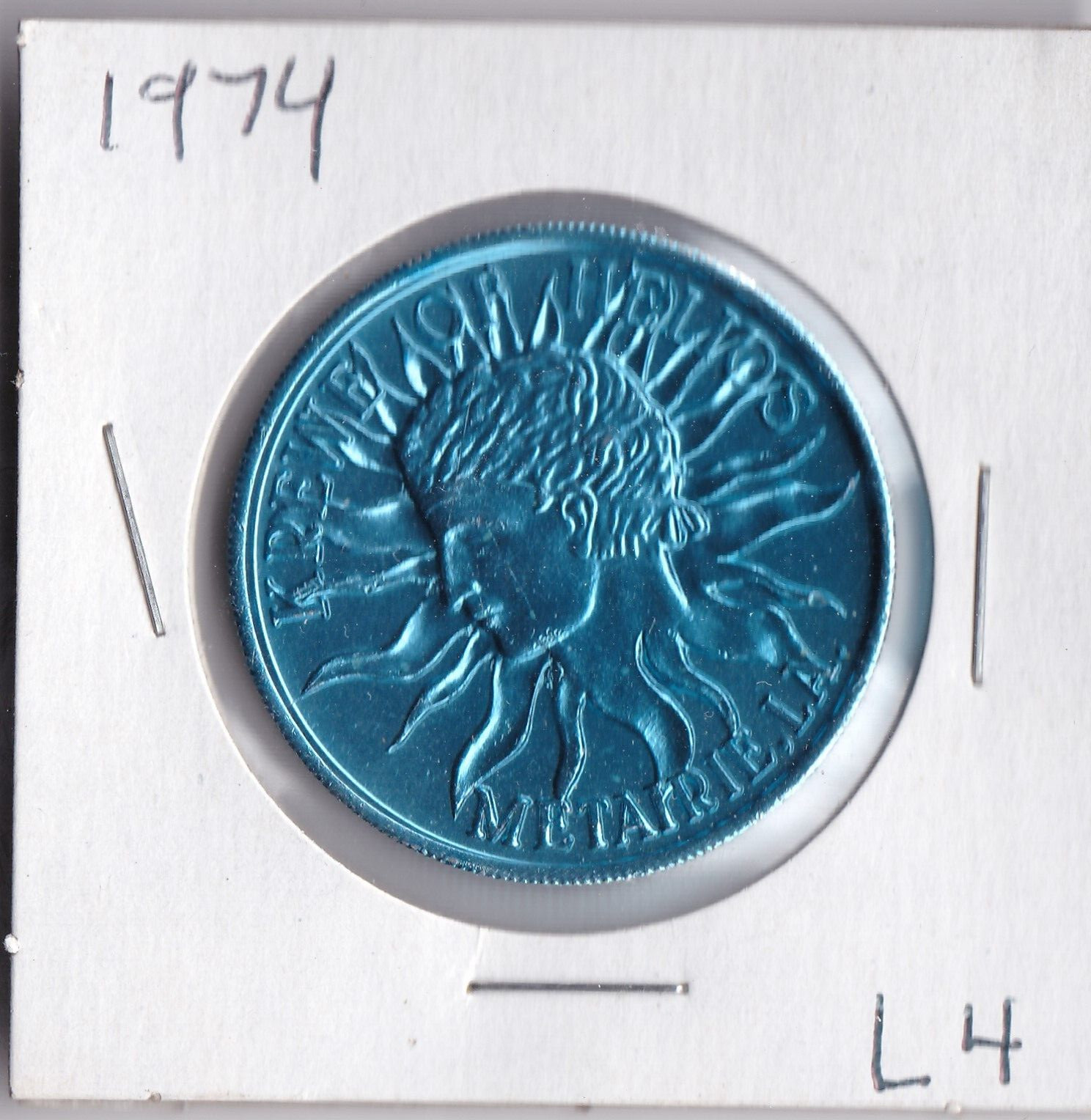 1974 Mardi Gras DOUBLOON  KREWE OF HELIOS  METAIRIE, LA  (Blue L4)