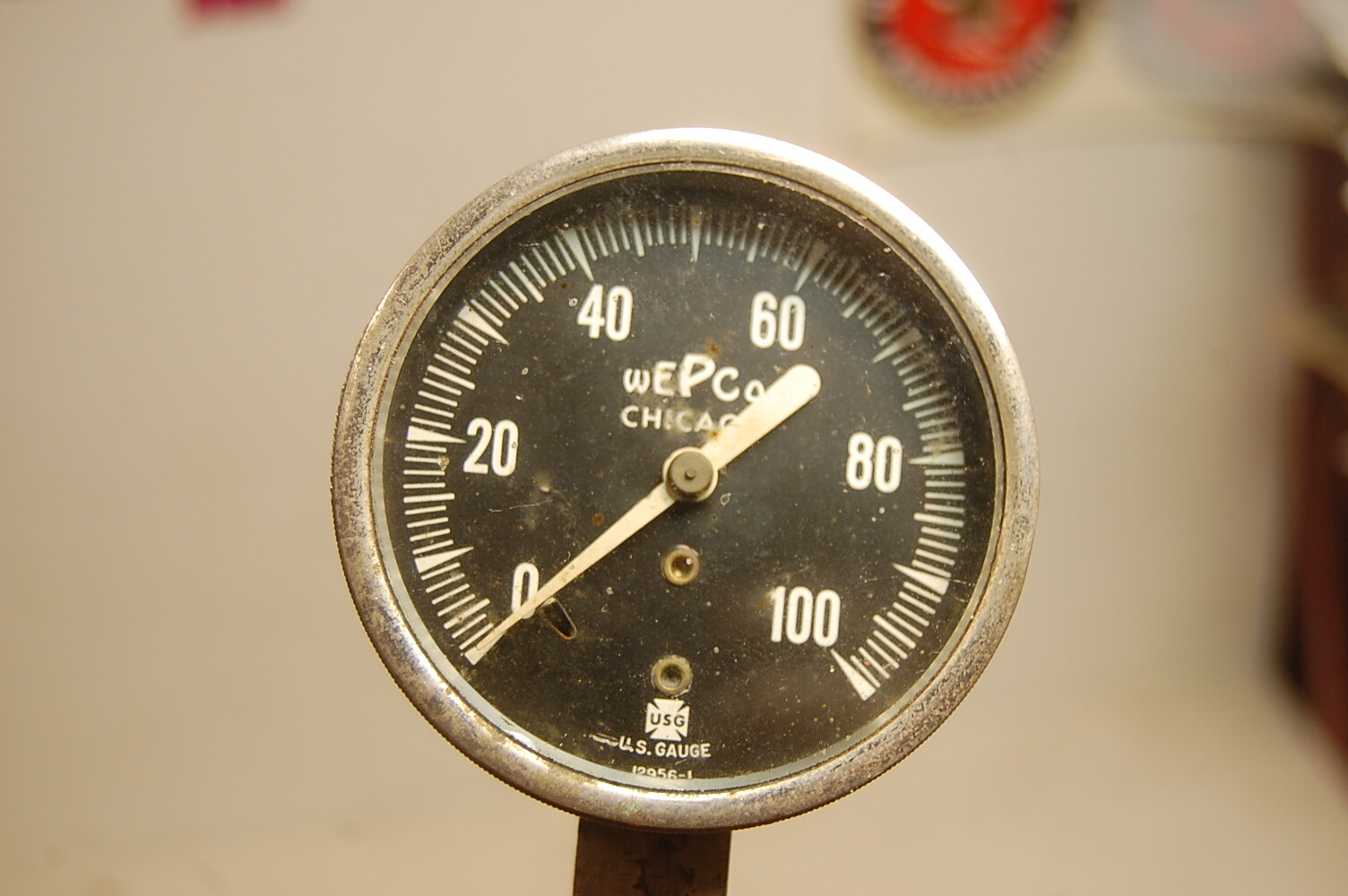 Vintage Wepco Industrial Pressure Gauge 2 1/2" 0-100 PSI black face beveled chro