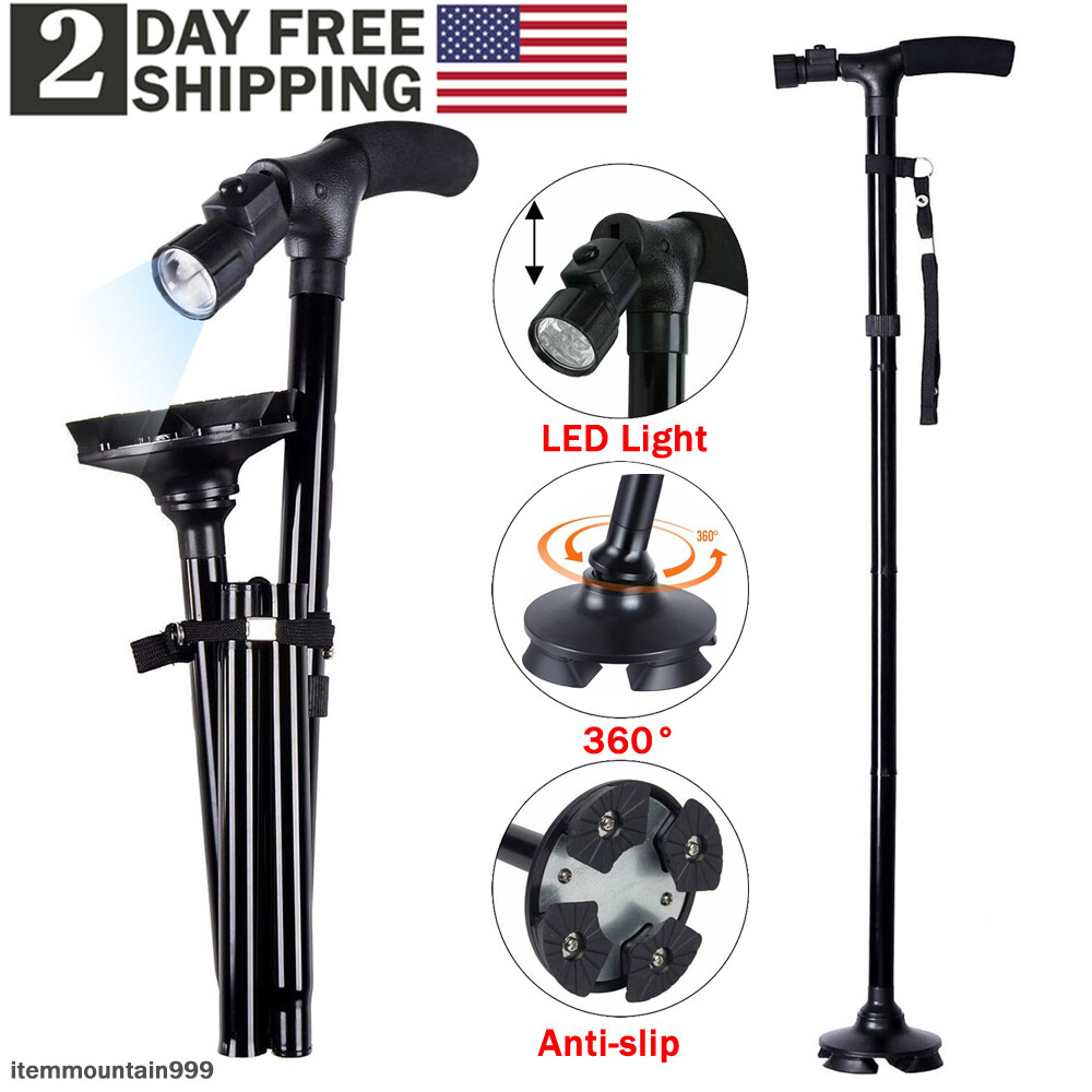 2x LED Folding Walking Cane for Seniors Men&Women w/ Non-Slip T Handle and Strap