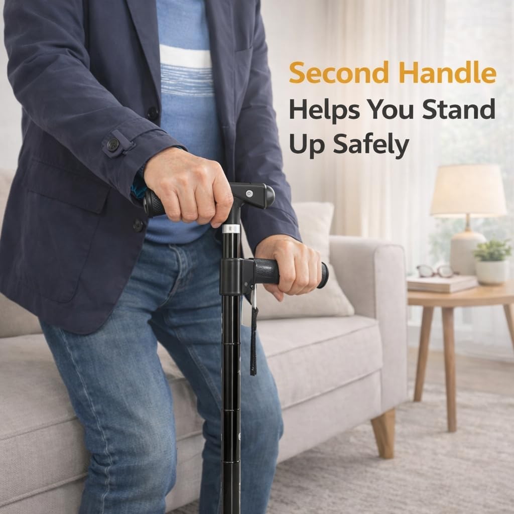 Adjustable Folding Walking Cane for Seniors, Second Handle Stand Assist, Quad...