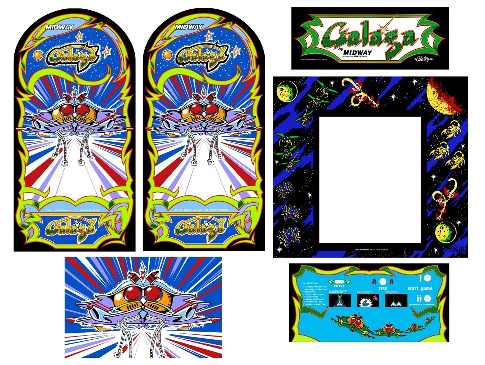 GALAGA Arcade Cabinet Graphics Marquee CPO Side Art Bezel Kickplate